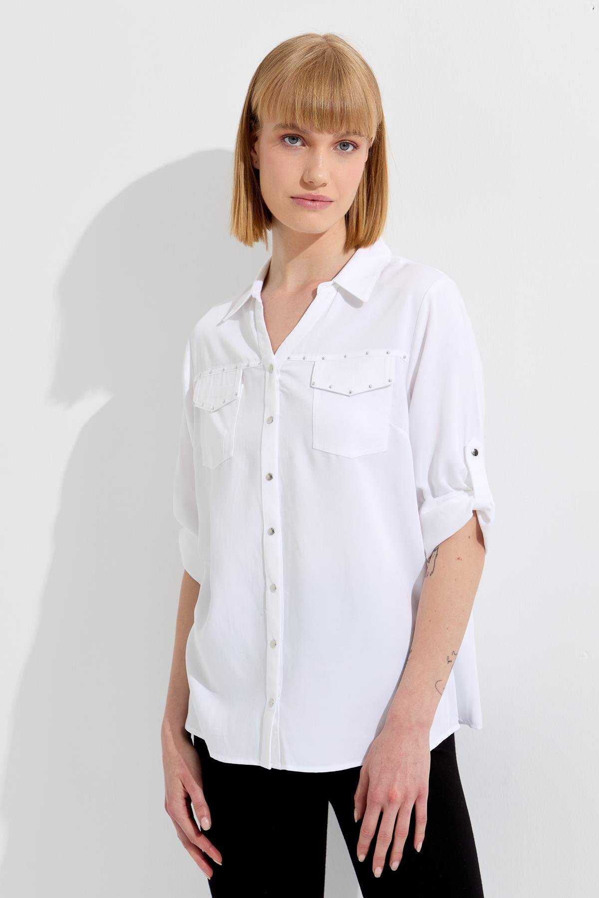 KMY24073Женская рубашка с карманами с клапанами