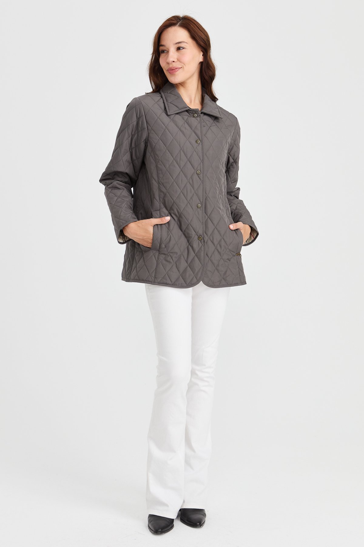 21433Женский стеганый жакет средней длины 1-6, серый