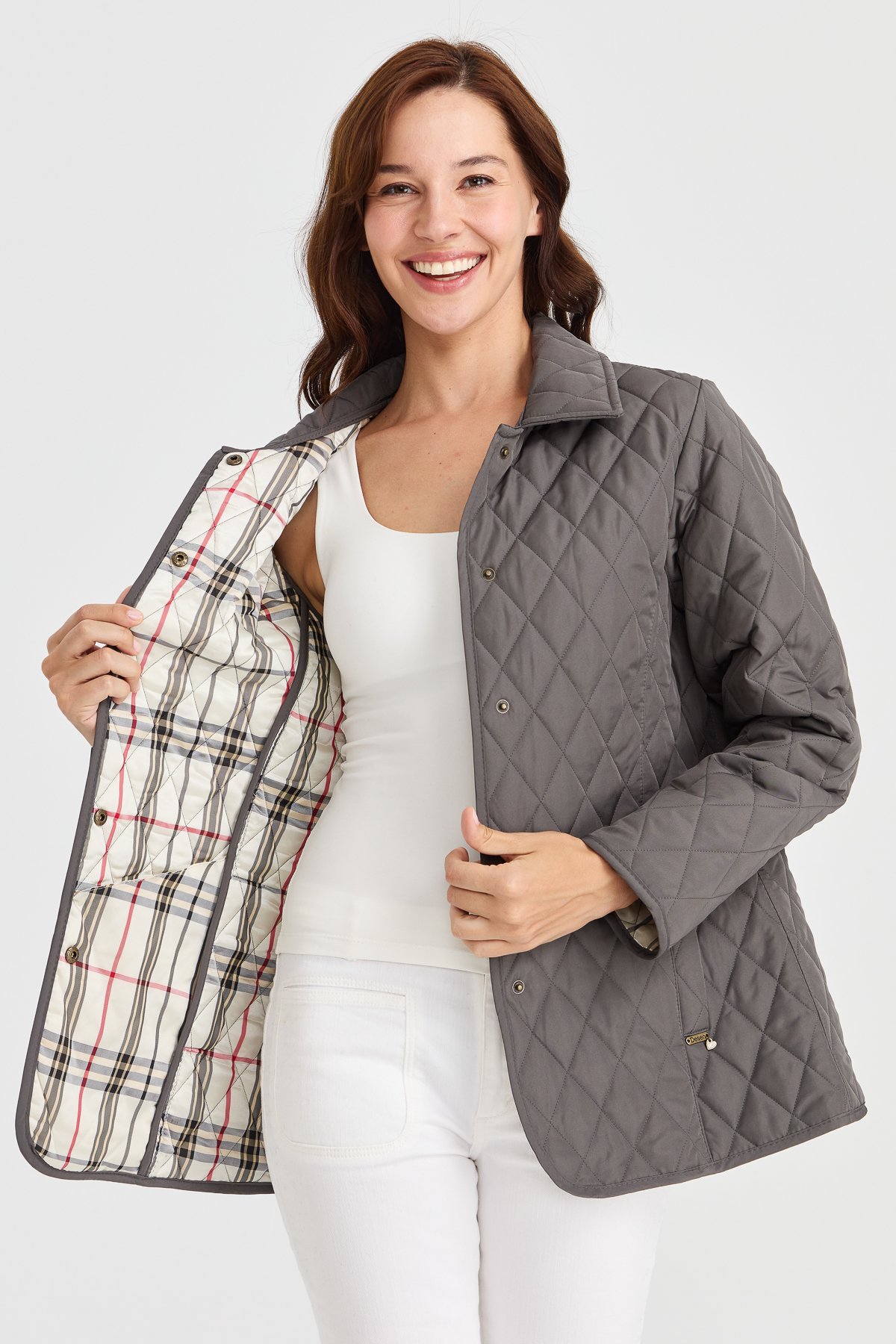 21433Женский стеганый жакет средней длины 1-6, серый