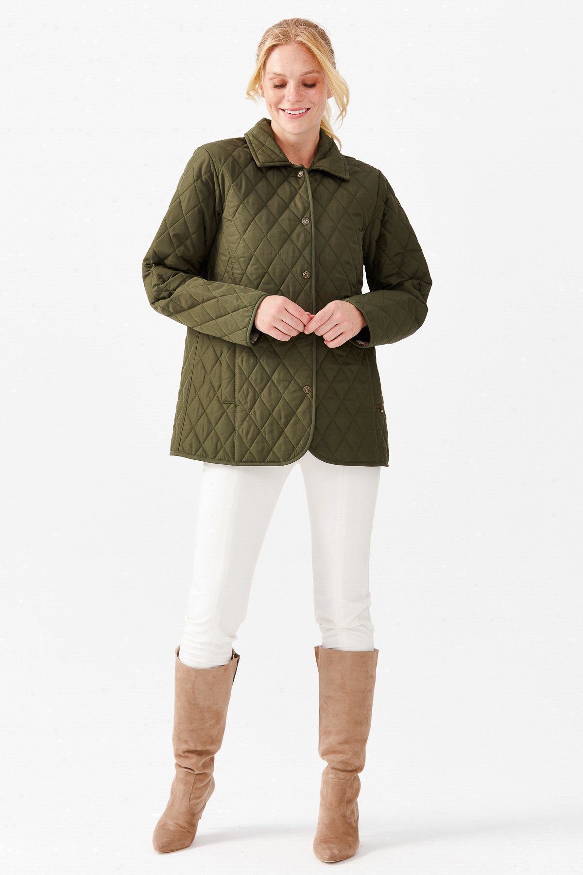 21433Женский стеганый жакет средней длины 1-6, хаки