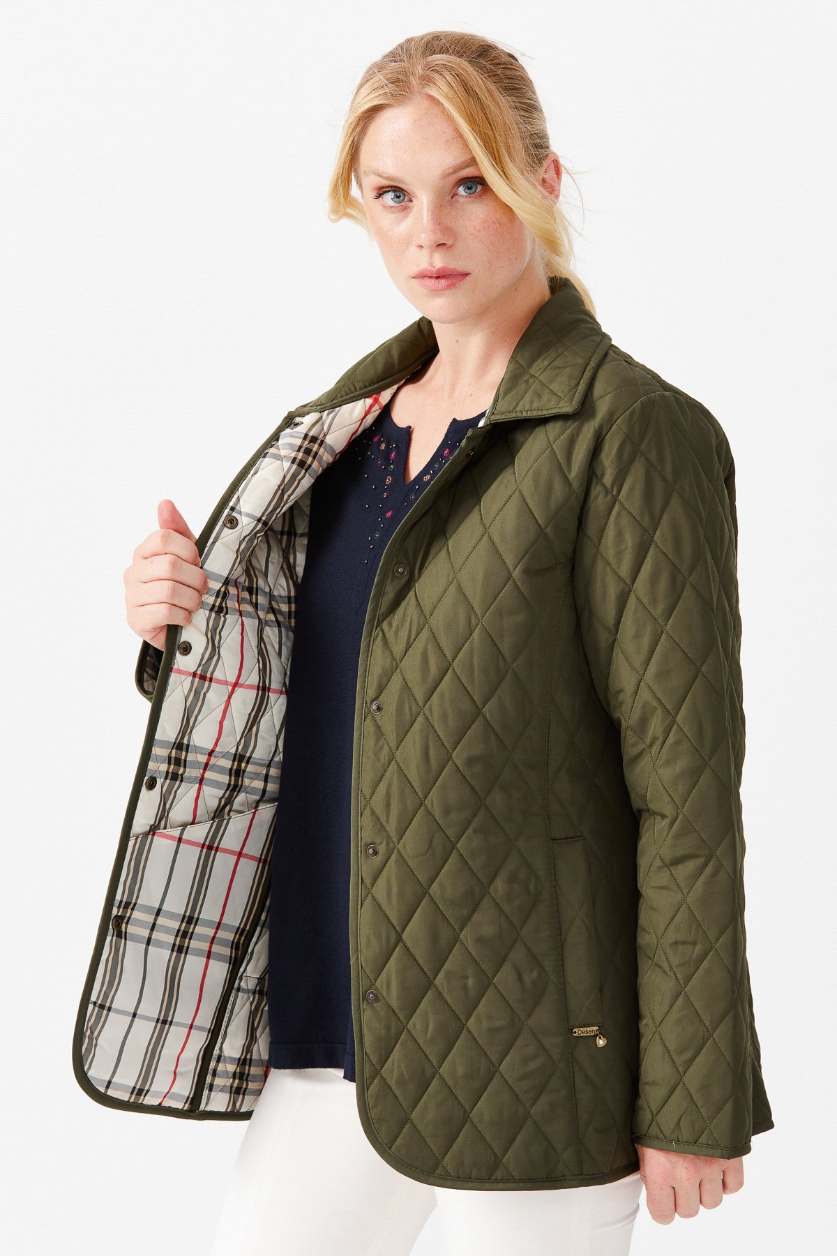 21433Женский стеганый жакет средней длины 1-6, хаки