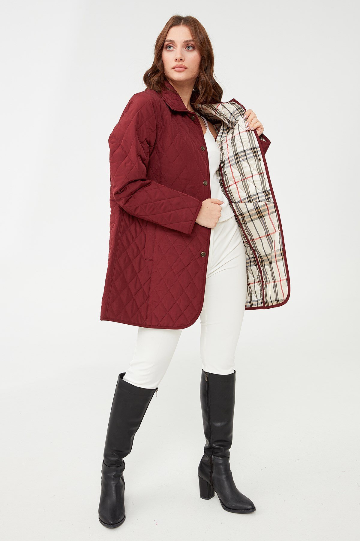 21438Kadın Kapitone Ceket Bordo