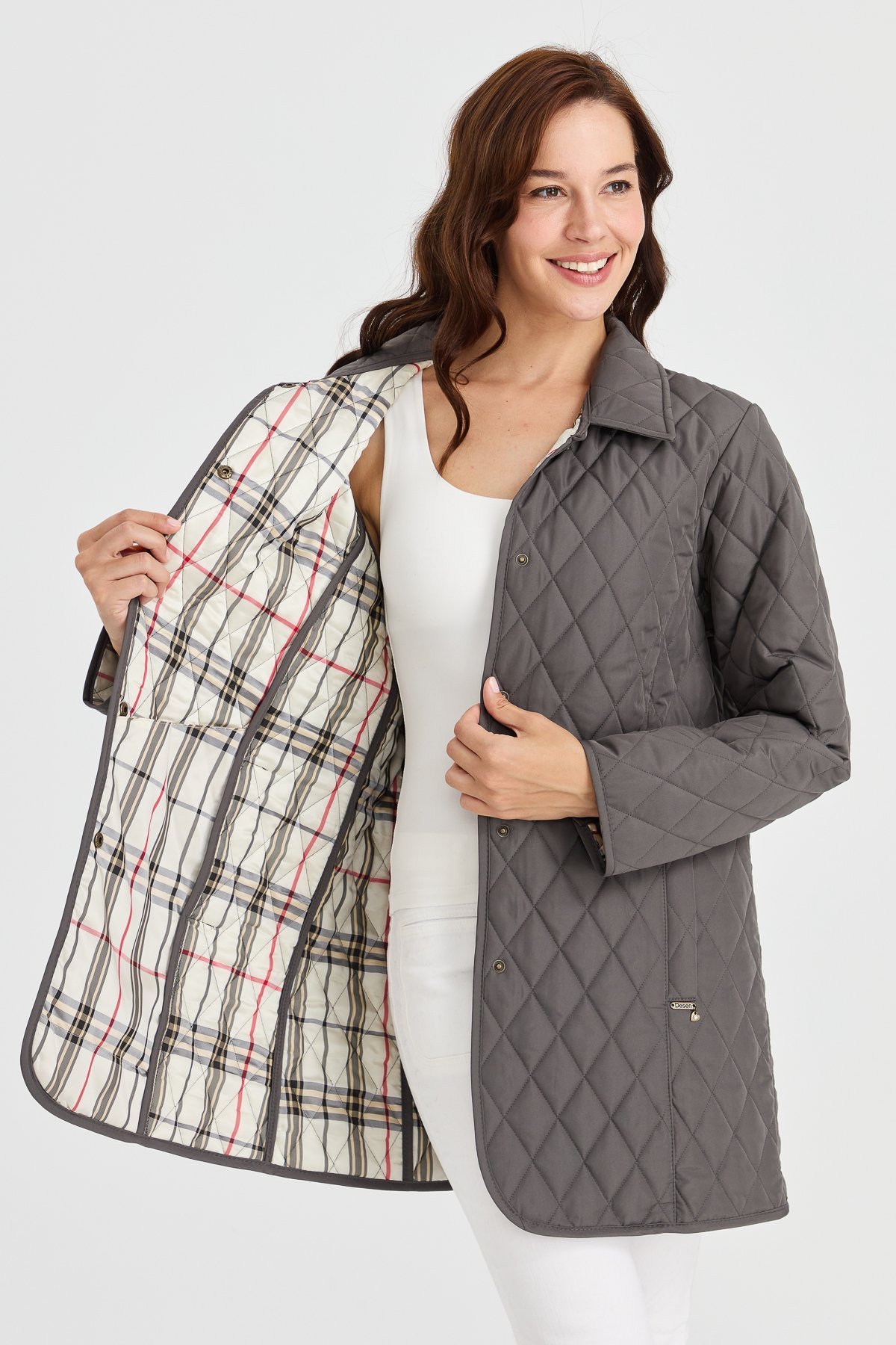 21438Kadın Kapitone Ceket Gri