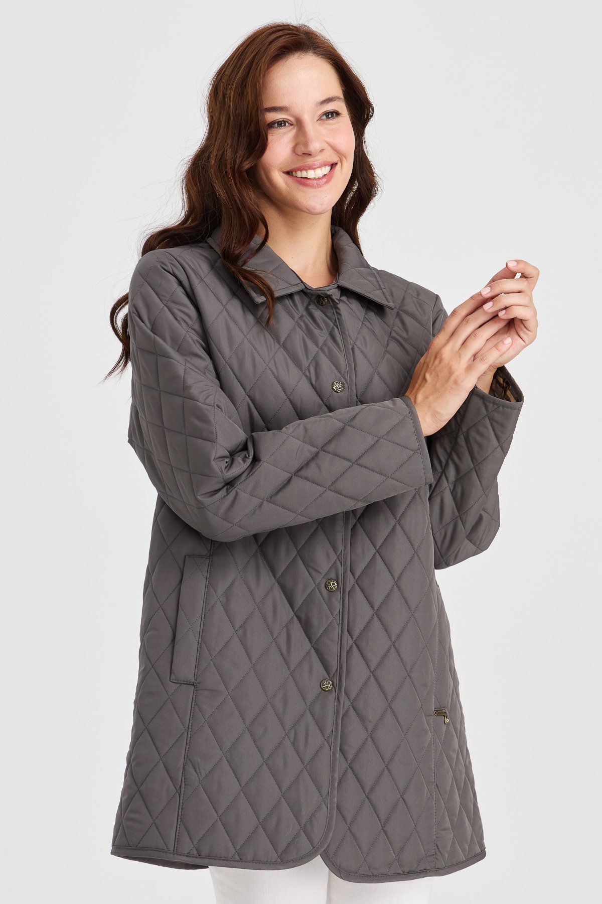 21438Kadın Kapitone Ceket Gri