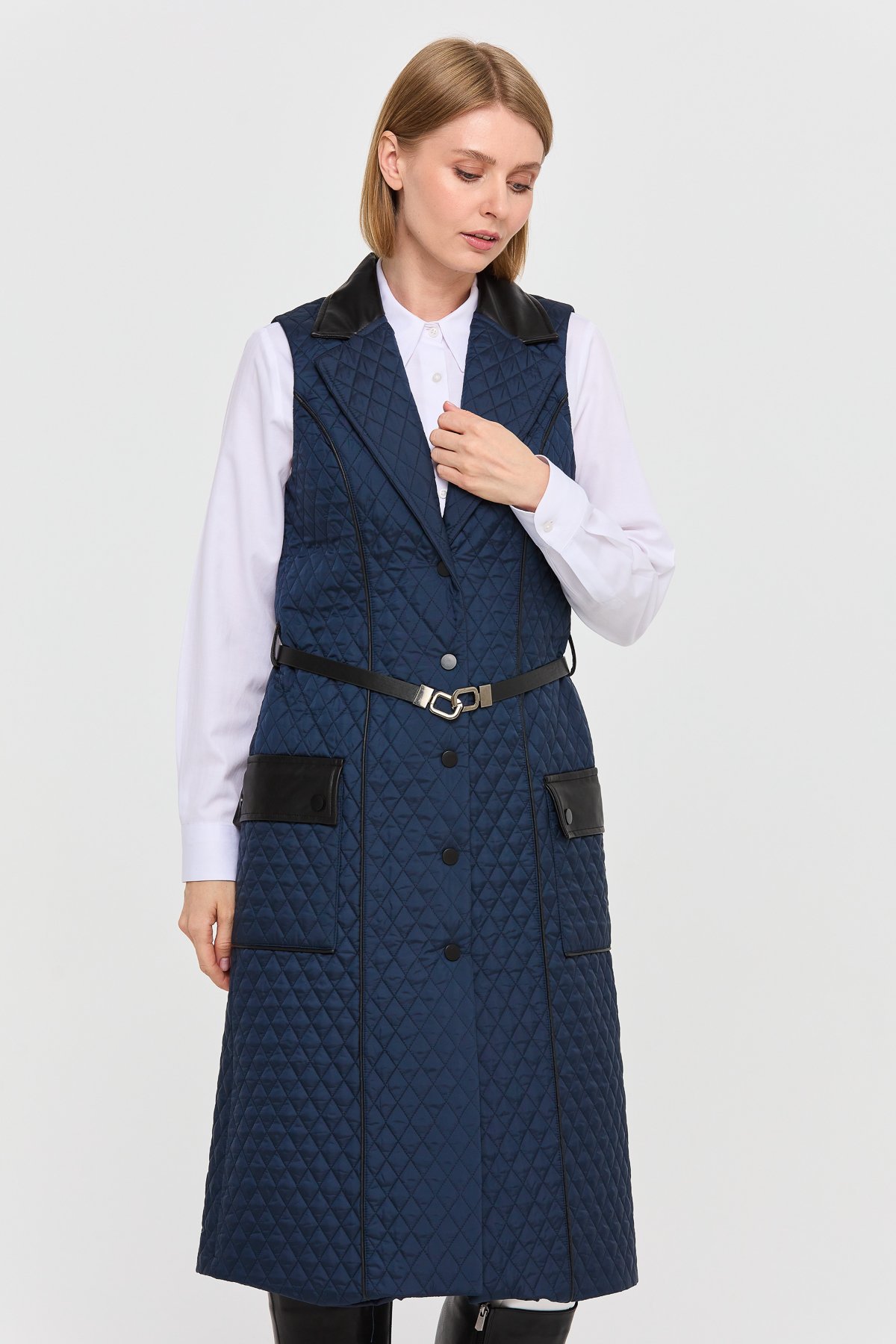 21331Kadın Kapitone Yakası ve Cebi Deri Uzun Yelek Lacivert