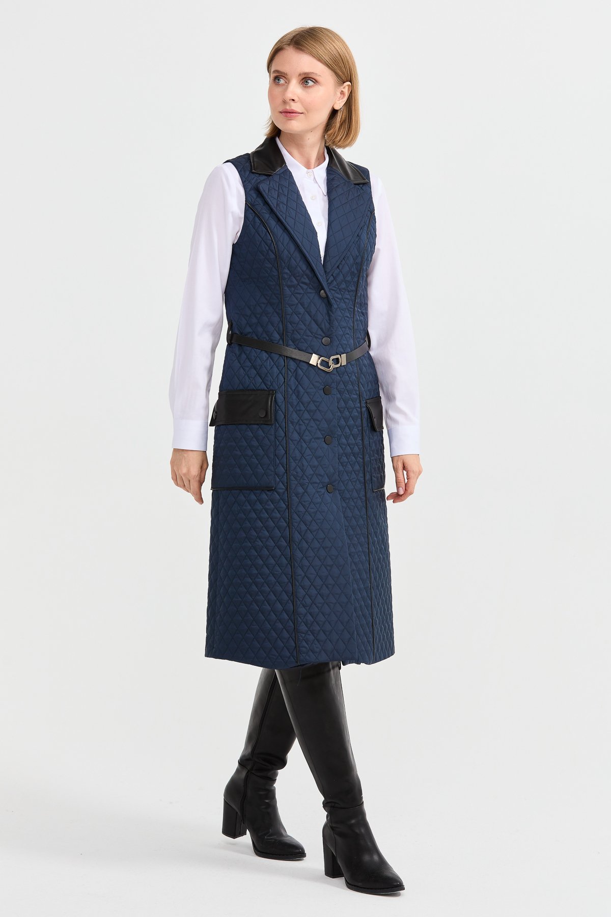 21331Kadın Kapitone Yakası ve Cebi Deri Uzun Yelek Lacivert