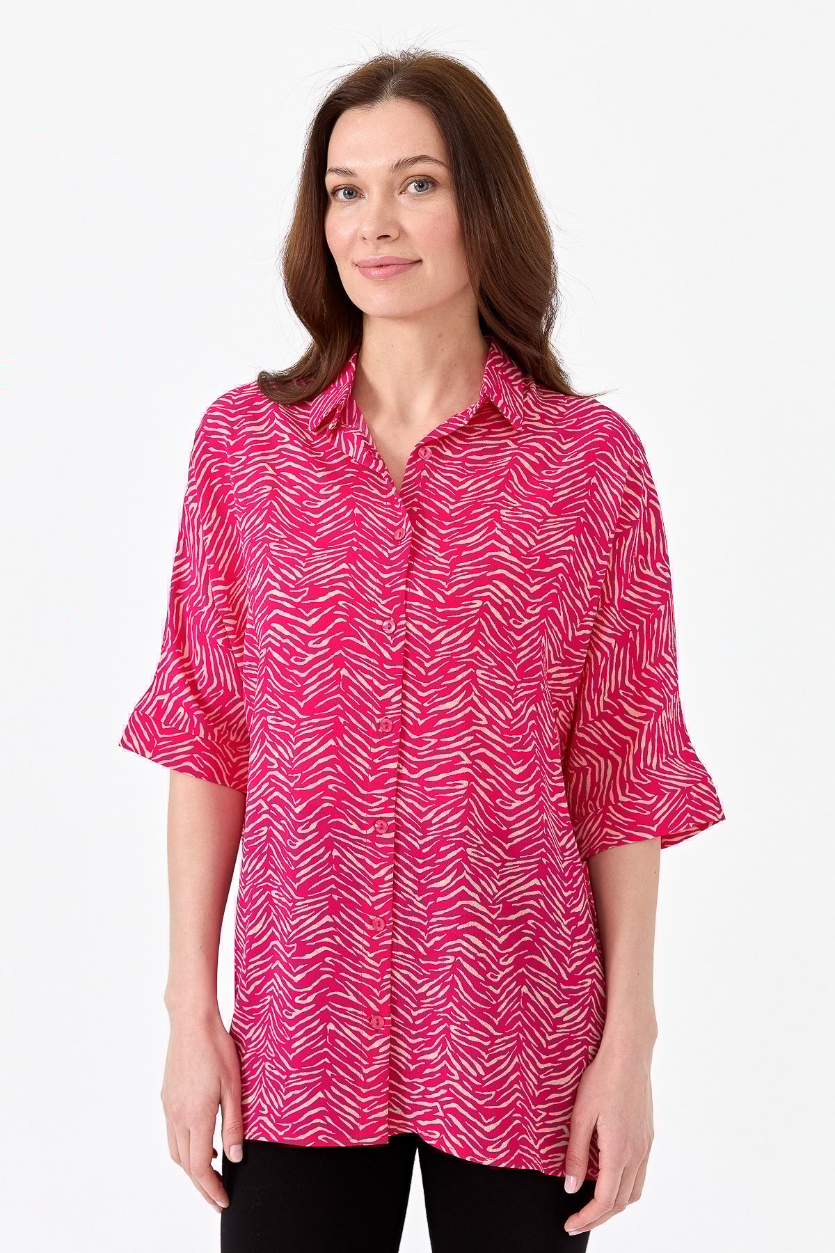 22803Kadın Kaplan Desenli Yarasa Kol Gömlek Fuşya