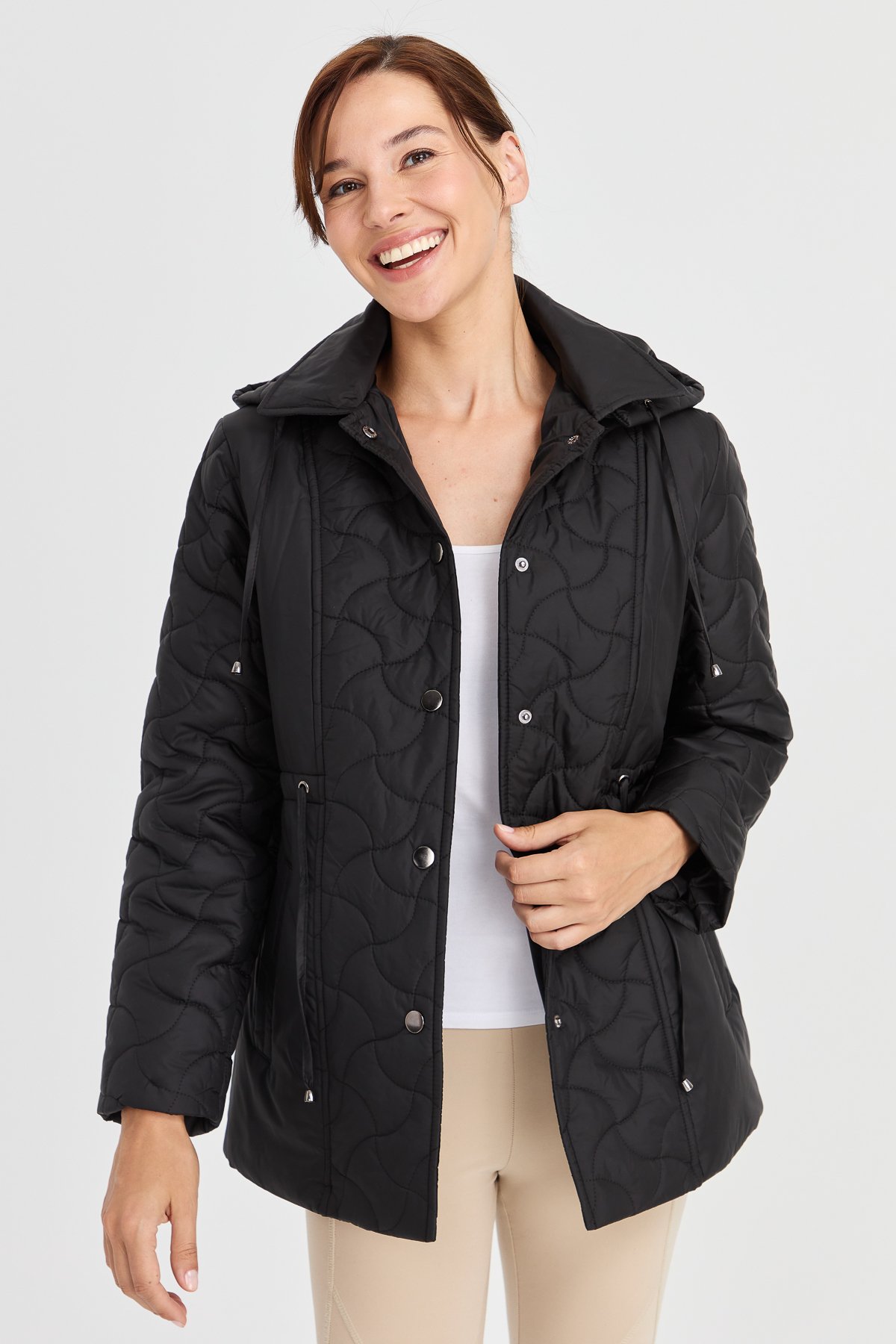 23401Kadın Kapüşonlu Beli Bağcıklı Kapitone Kaban Siyah