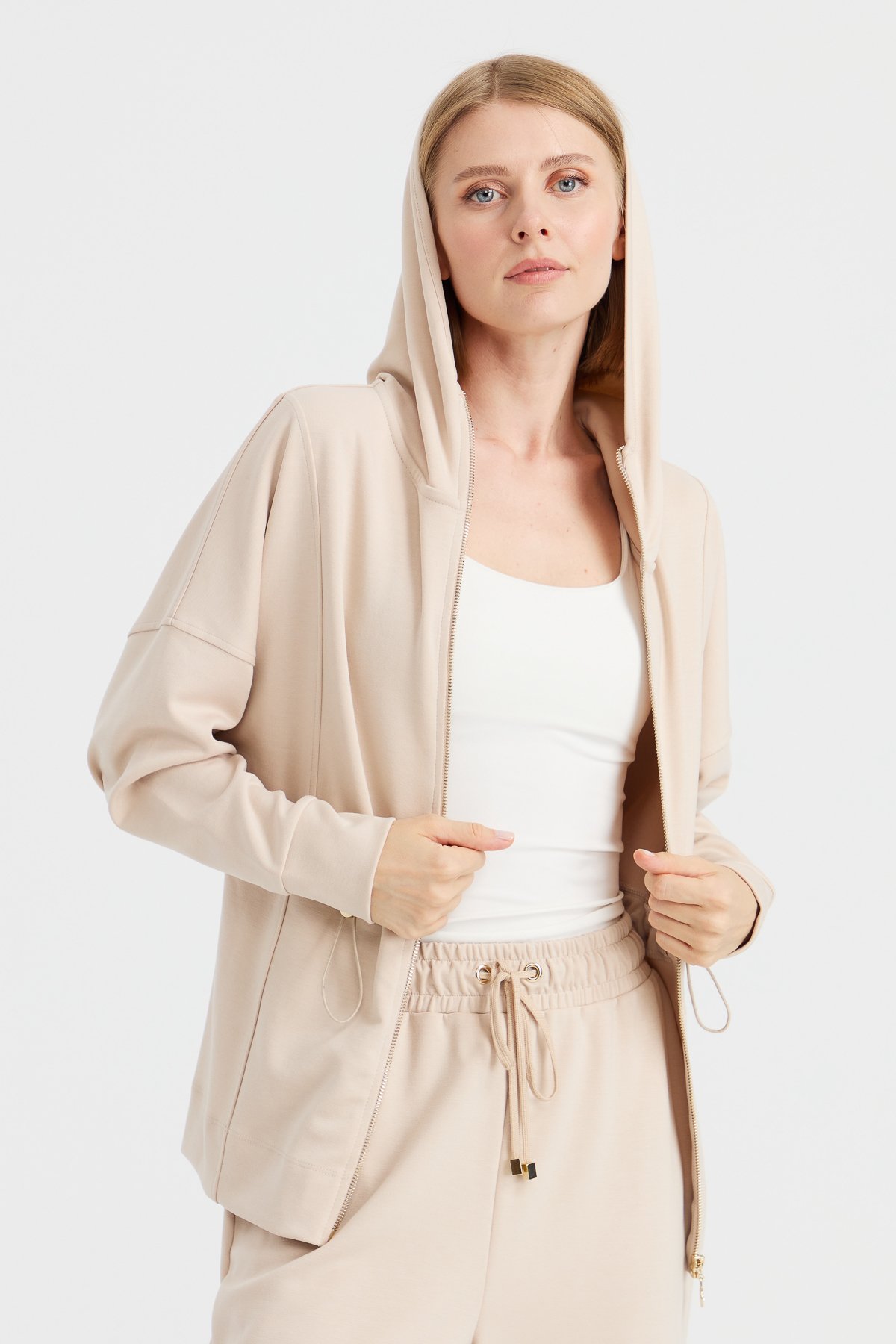 KMK23001Kadın Kapüşonlu Beli Büzgülü Sweat Bej