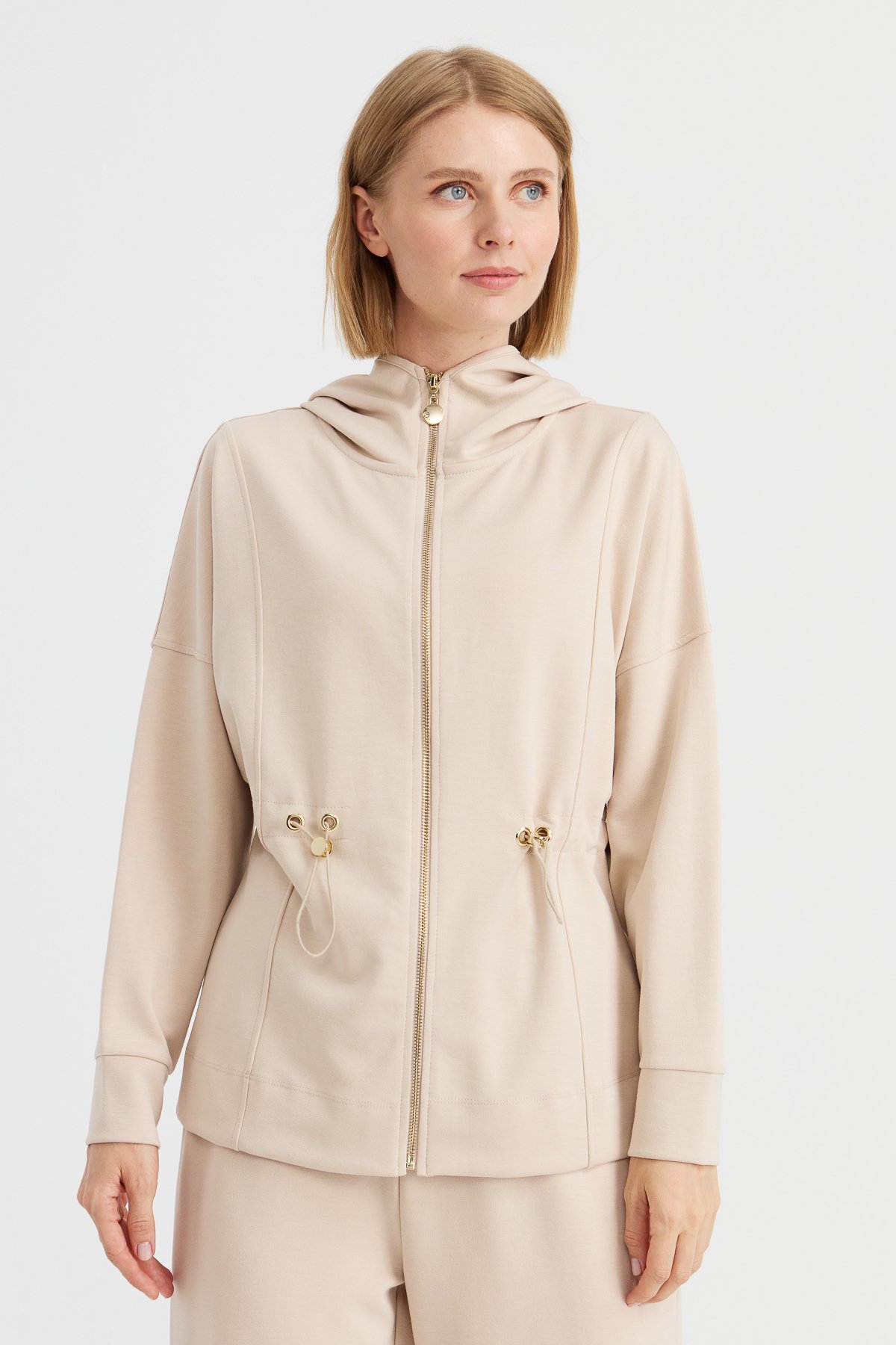 KMK23001Kadın Kapüşonlu Beli Büzgülü Sweat Bej