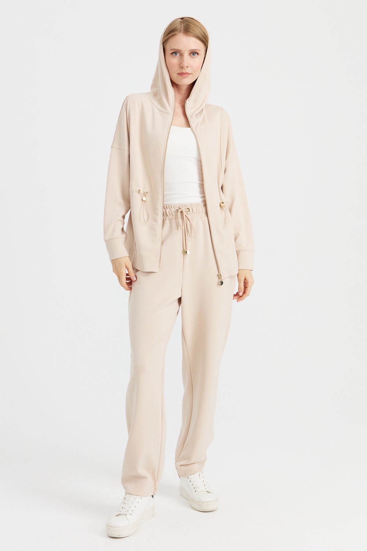 KMK23001Kadın Kapüşonlu Beli Büzgülü Sweat Bej