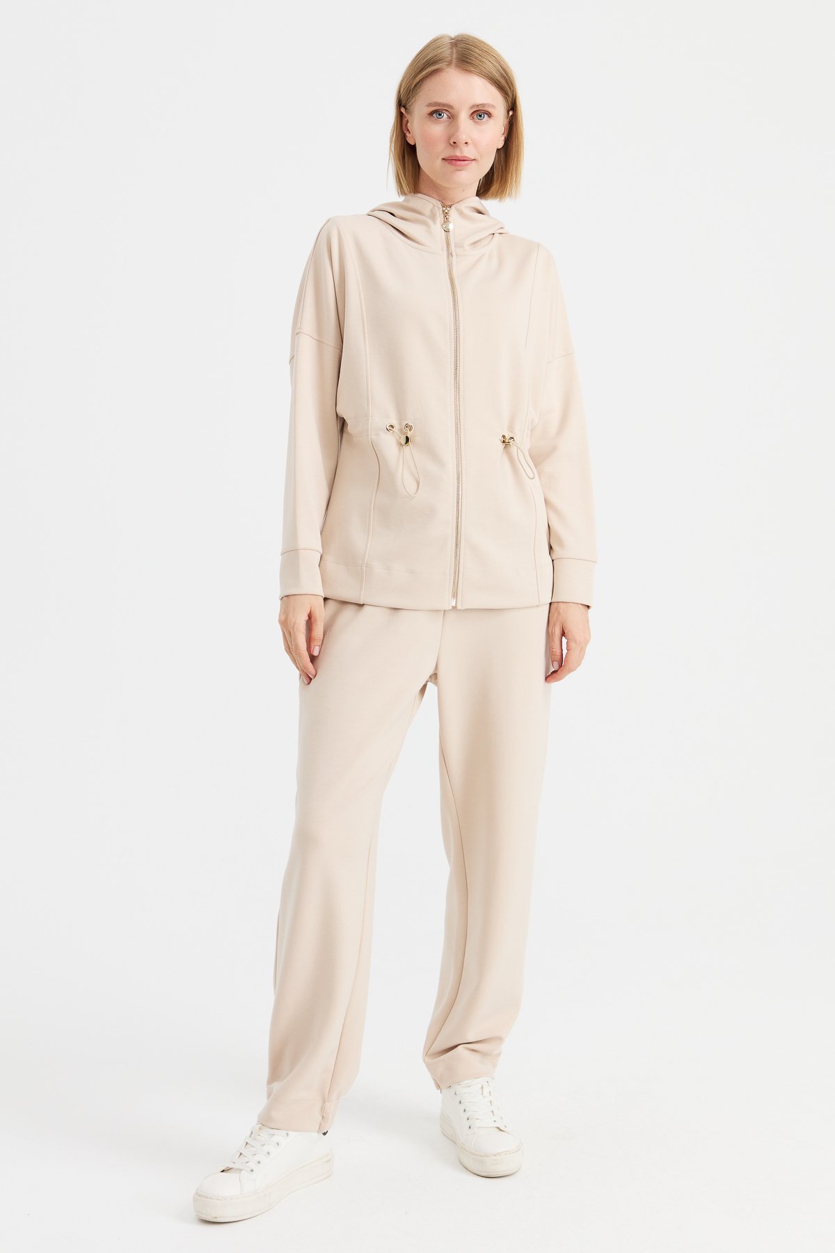 KMK23001Kadın Kapüşonlu Beli Büzgülü Sweat Bej