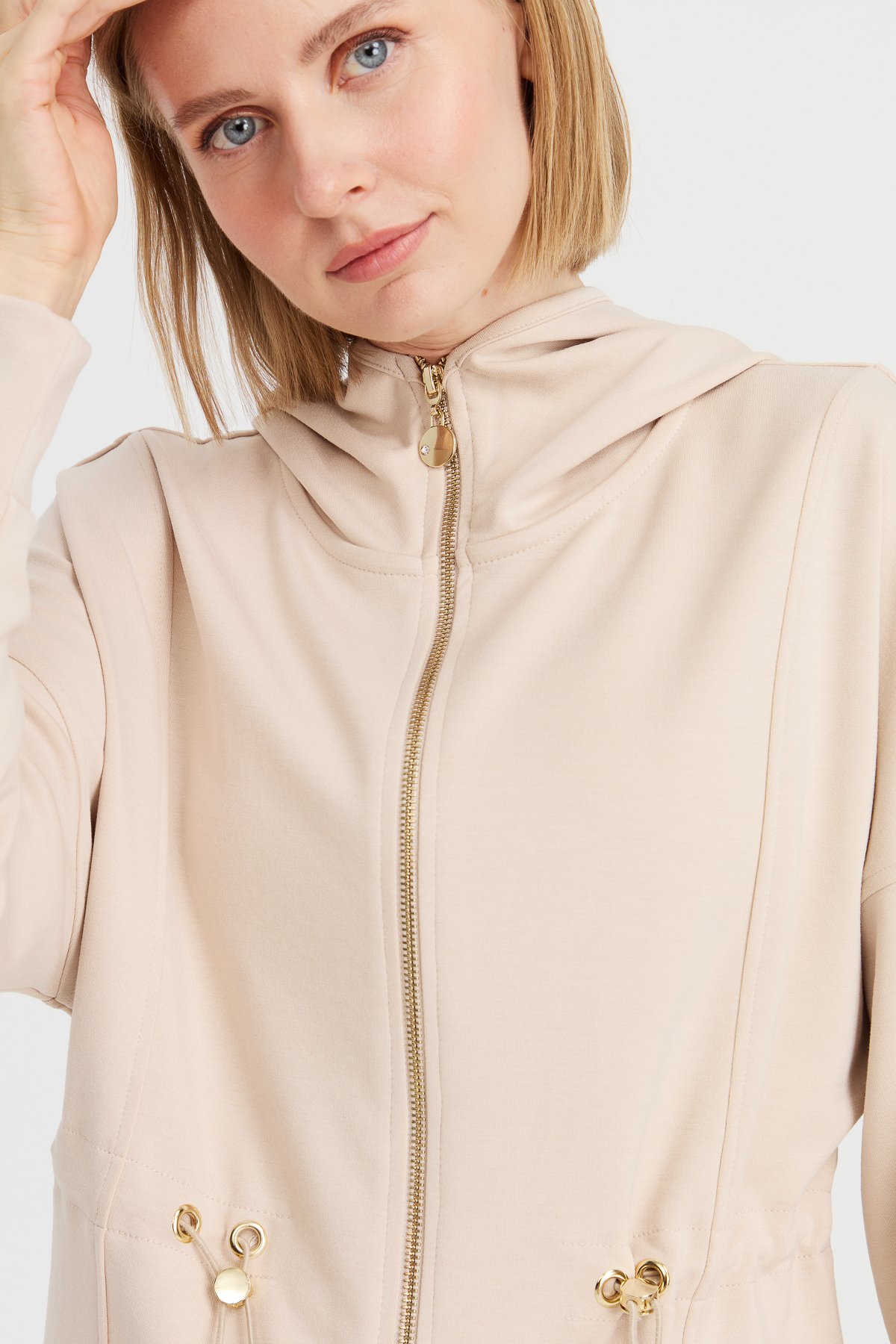 KMK23001Kadın Kapüşonlu Beli Büzgülü Sweat Bej