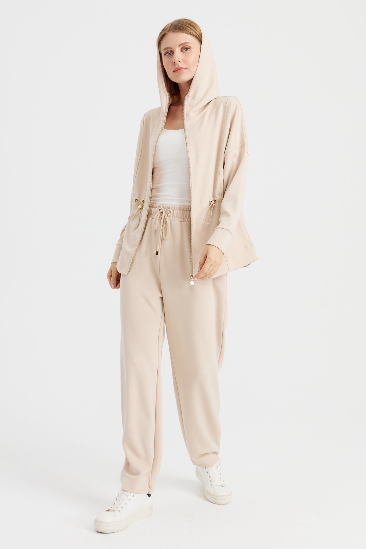 KMK23001Kadın Kapüşonlu Beli Büzgülü Sweat Bej