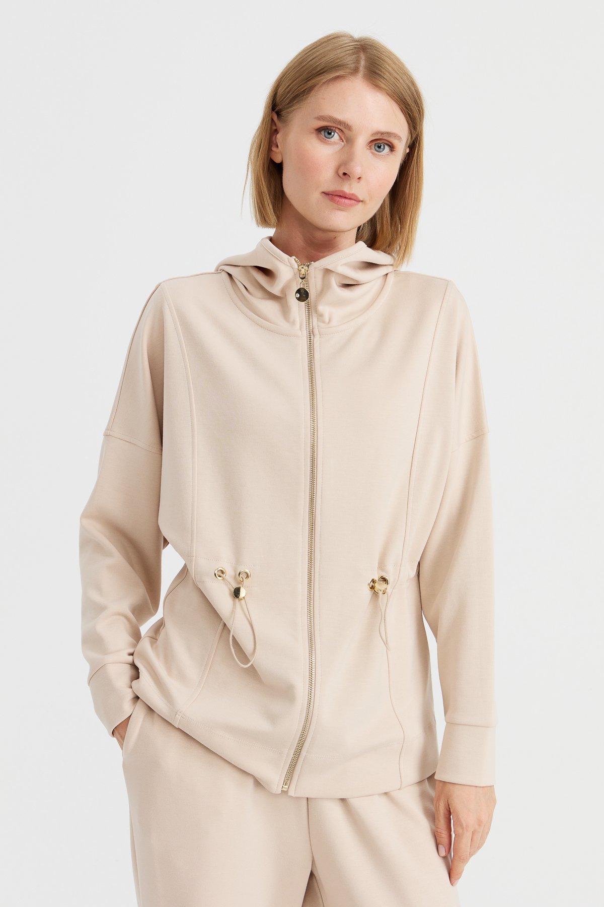 KMK23001Kadın Kapüşonlu Beli Büzgülü Sweat Bej