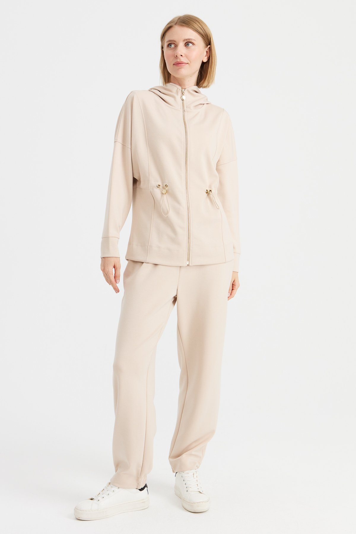 KMK23001Kadın Kapüşonlu Beli Büzgülü Sweat Bej