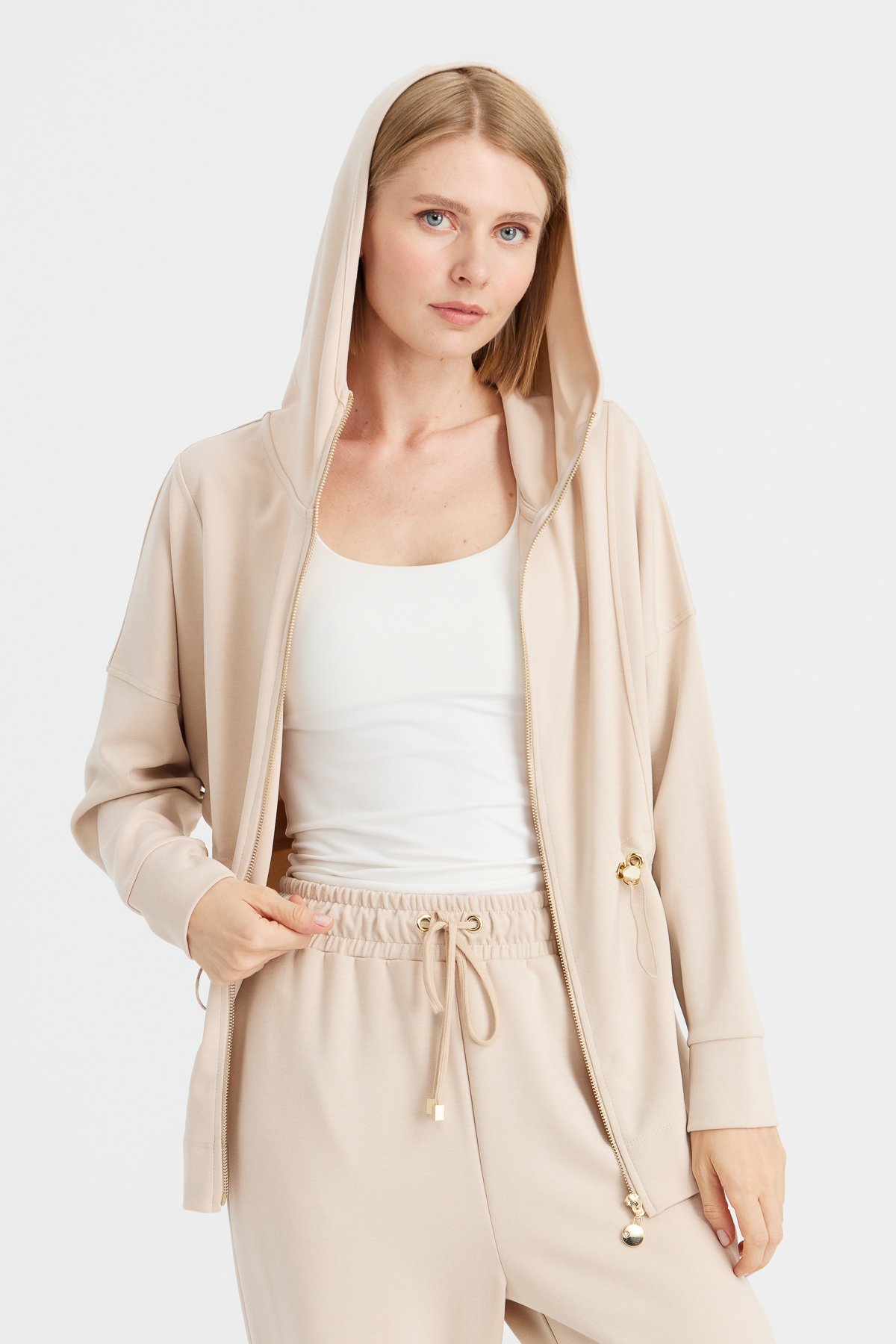 KMK23001Kadın Kapüşonlu Beli Büzgülü Sweat Bej