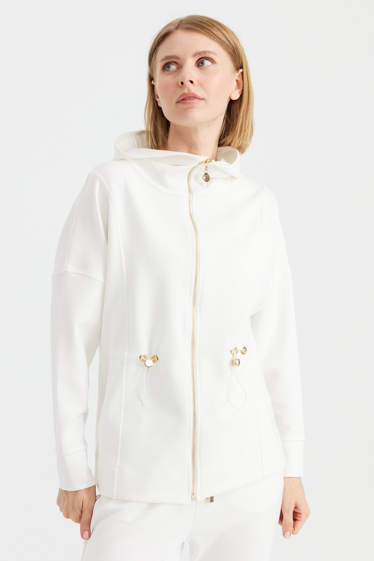 KMK23001Kadın Kapüşonlu Beli Büzgülü Sweat Beyaz