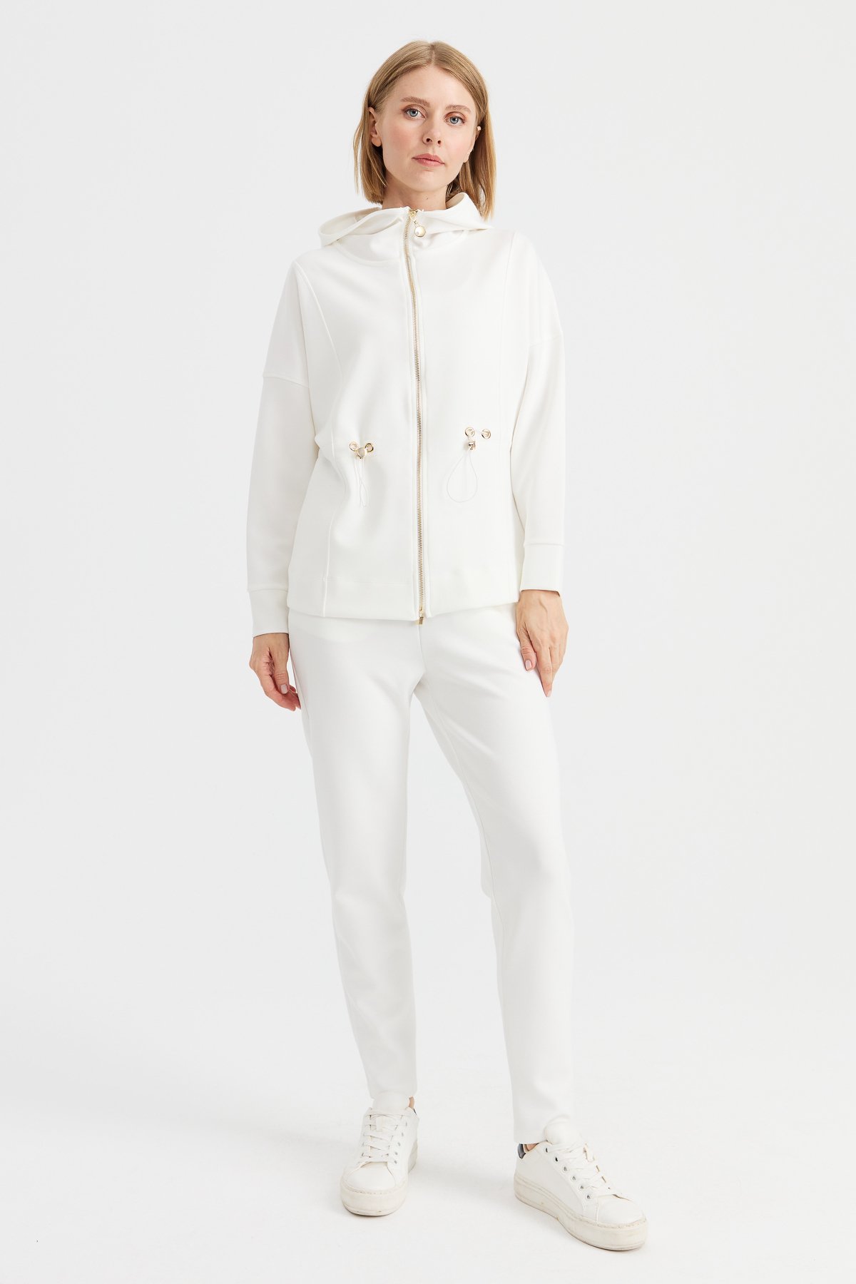 KMK23001Kadın Kapüşonlu Beli Büzgülü Sweat Beyaz