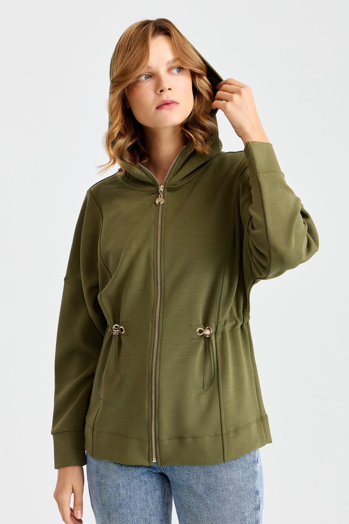 KMK23001Женская рубашка с капюшоном и завязками на талии