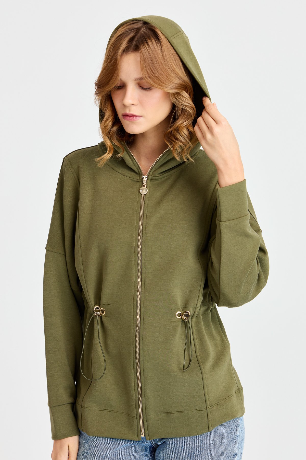 KMK23001Женская рубашка с капюшоном и завязками на талии