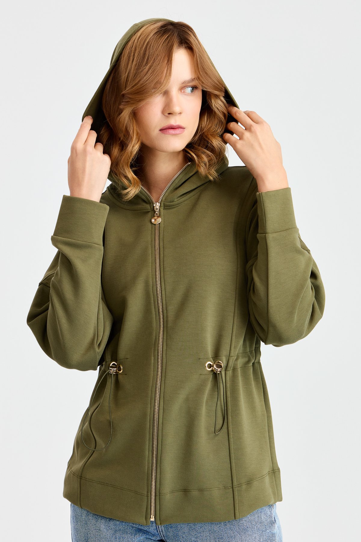 KMK23001Женская рубашка с капюшоном и завязками на талии