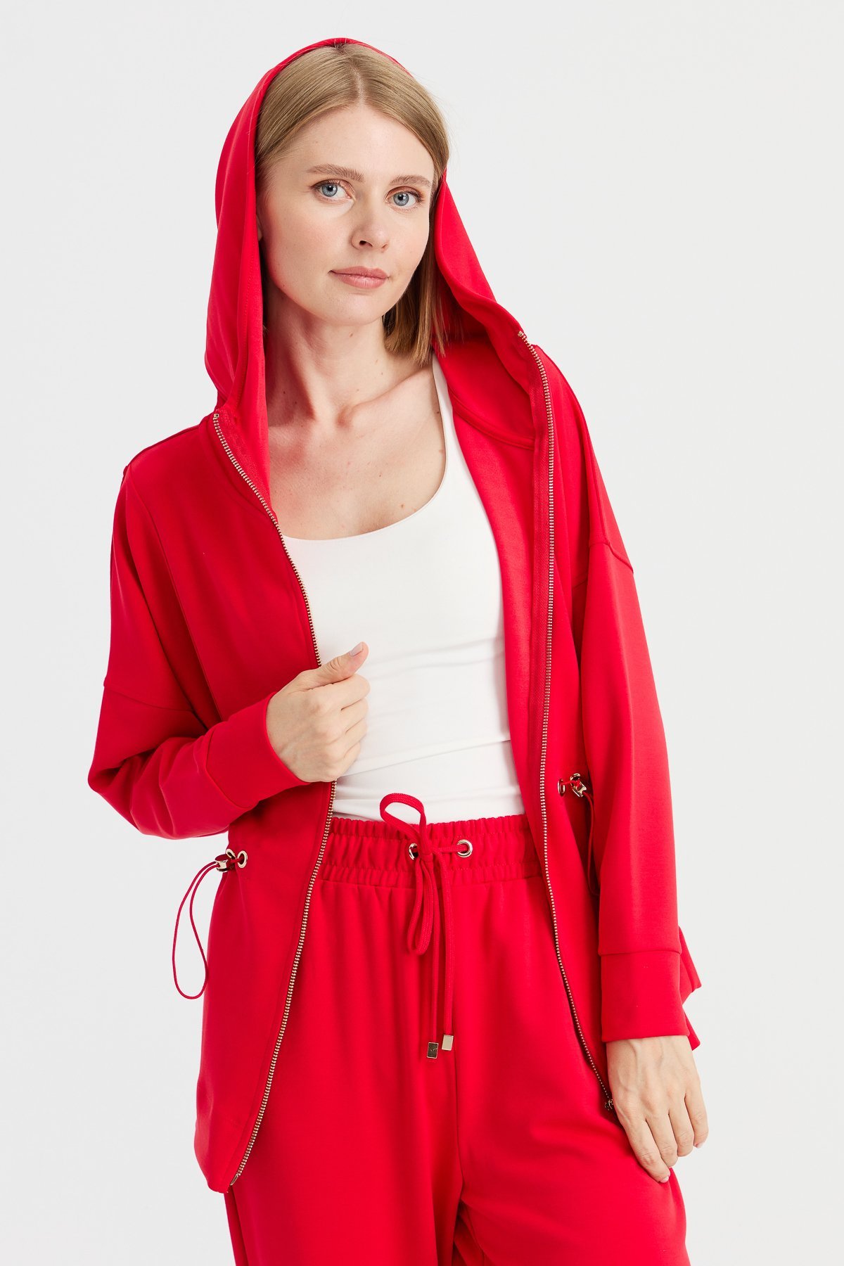 KMK23001Kadın Kapüşonlu Beli Büzgülü Sweat Kırmızı