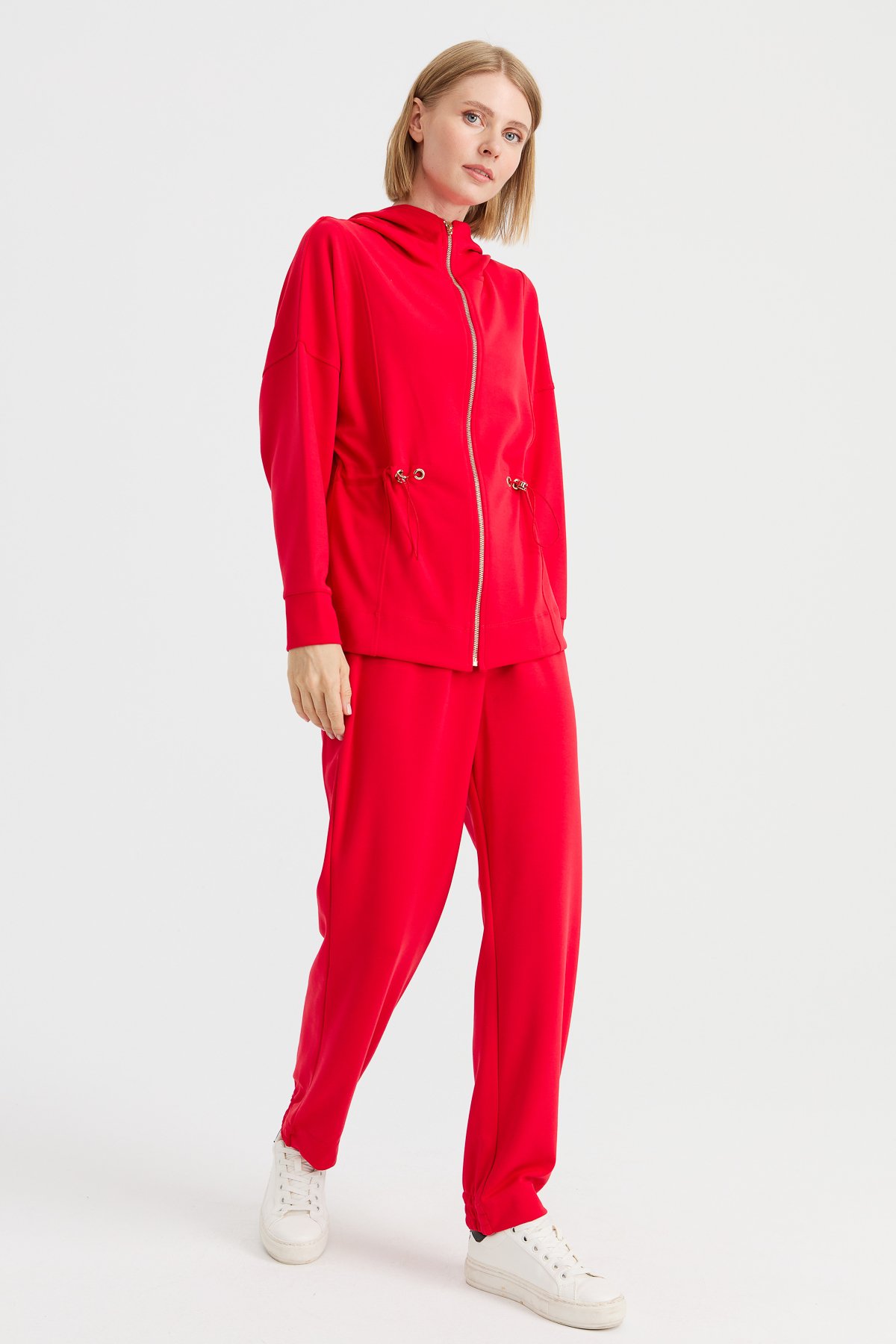 KMK23001Kadın Kapüşonlu Beli Büzgülü Sweat Kırmızı