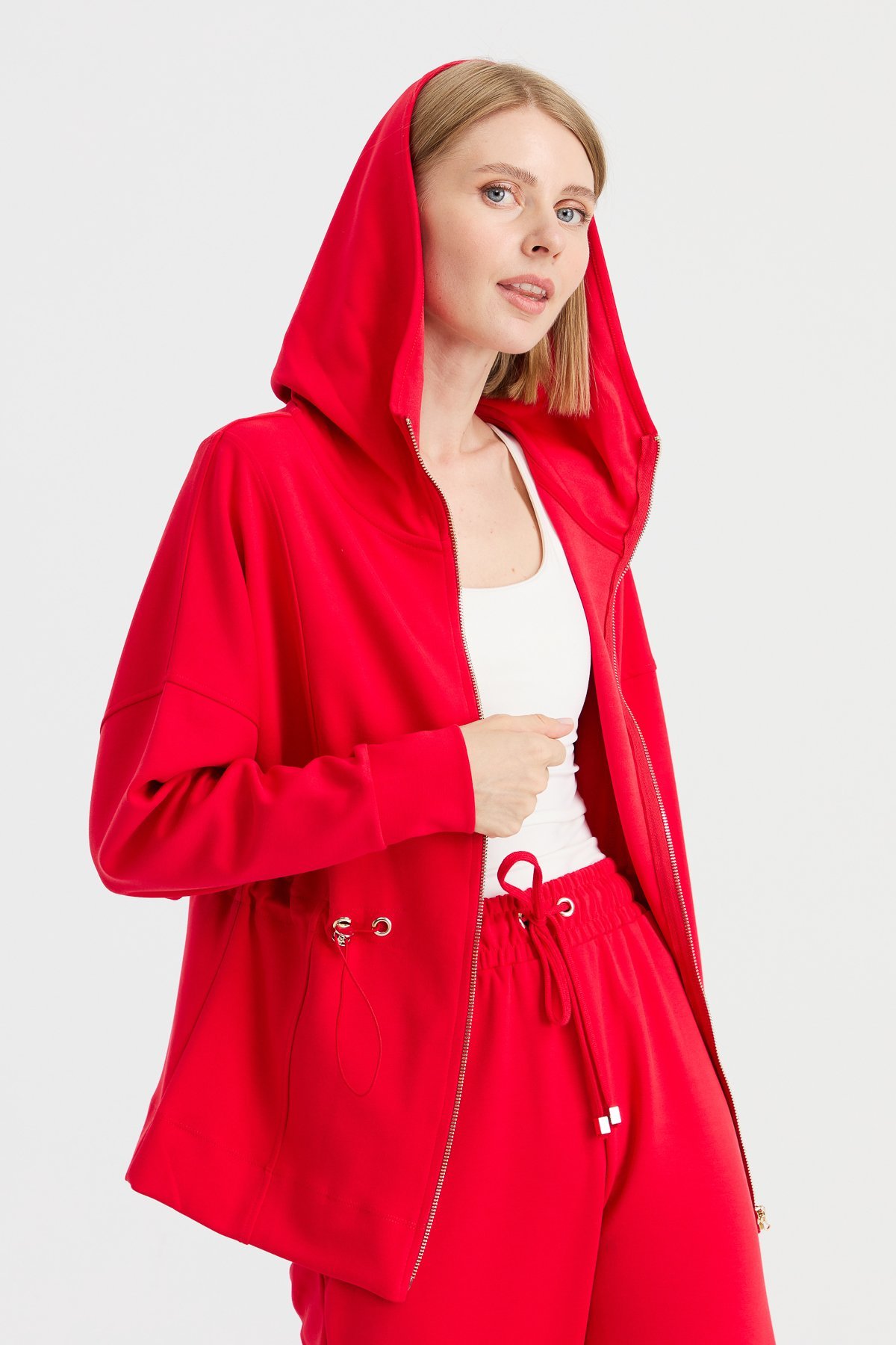 KMK23001Kadın Kapüşonlu Beli Büzgülü Sweat Kırmızı