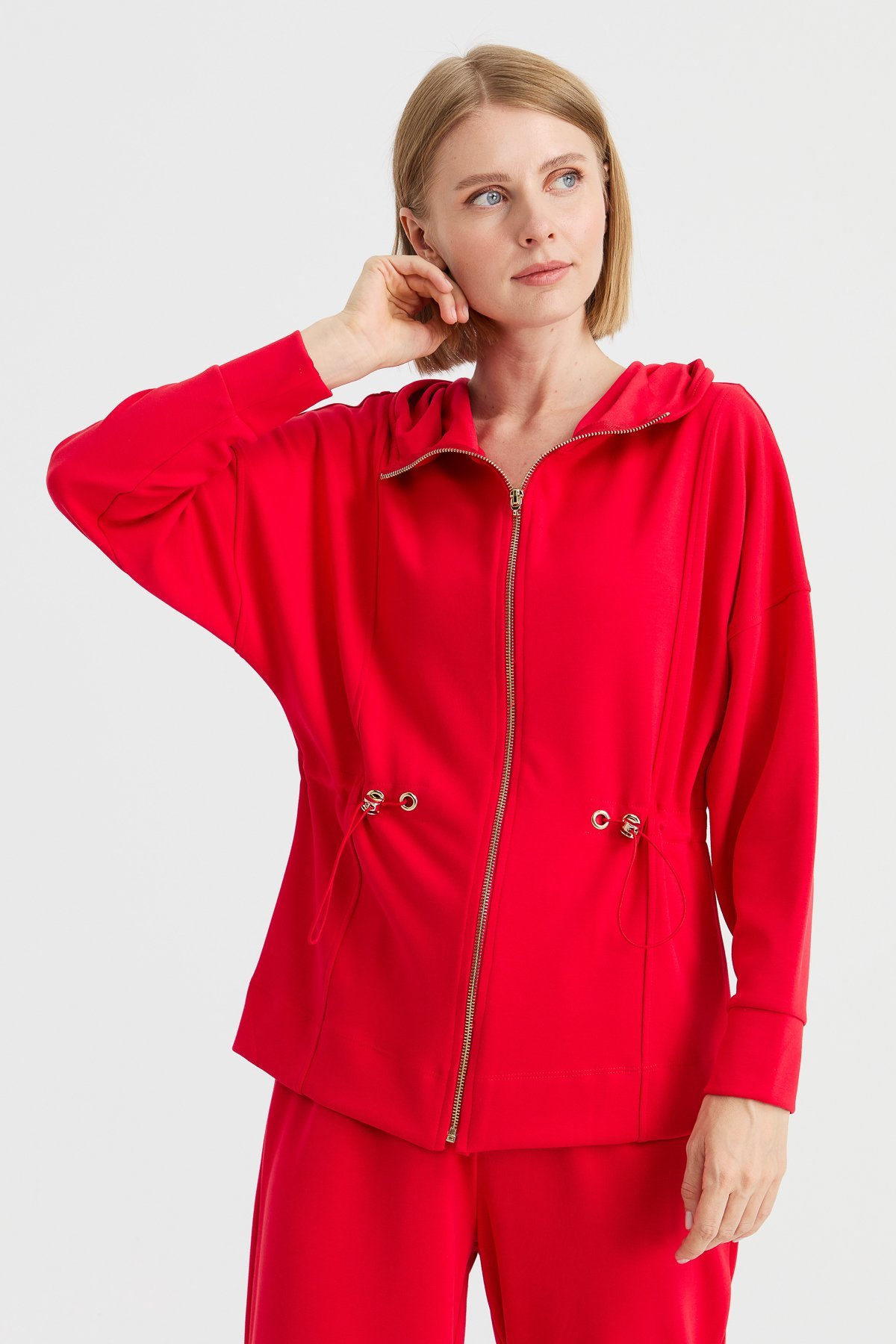 KMK23001Kadın Kapüşonlu Beli Büzgülü Sweat Kırmızı