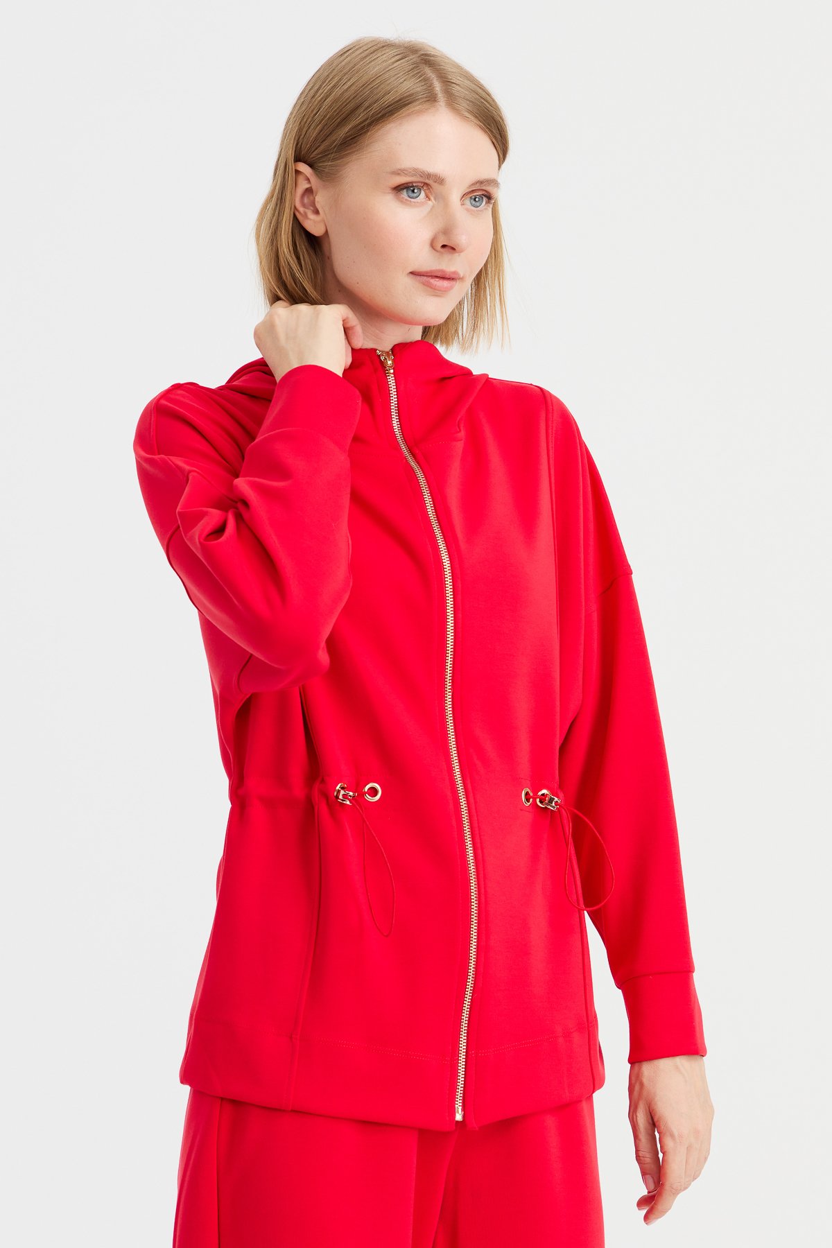 KMK23001Kadın Kapüşonlu Beli Büzgülü Sweat Kırmızı