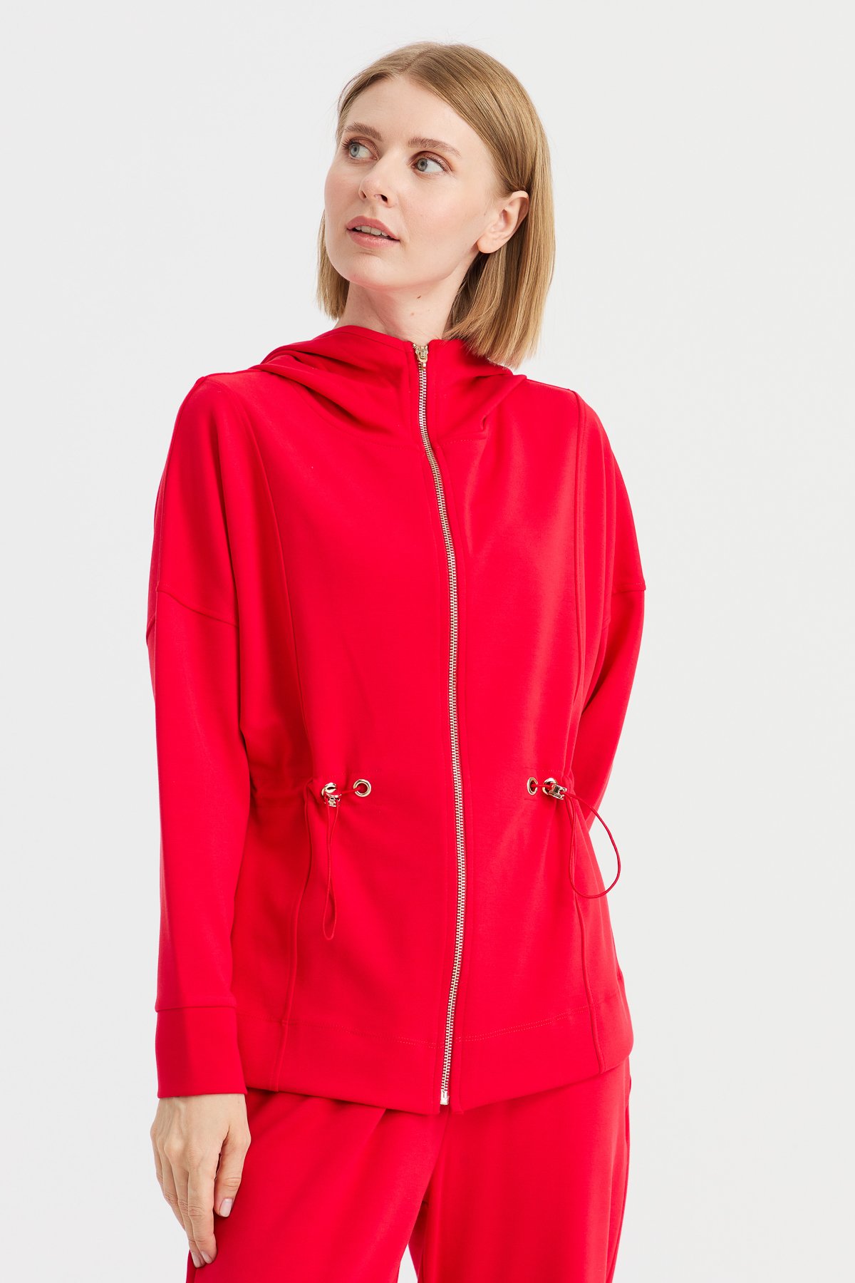 KMK23001Kadın Kapüşonlu Beli Büzgülü Sweat Kırmızı