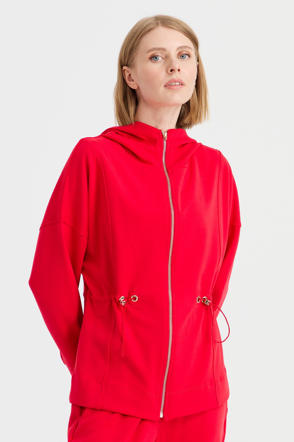 KMK23001Kadın Kapüşonlu Beli Büzgülü Sweat Kırmızı