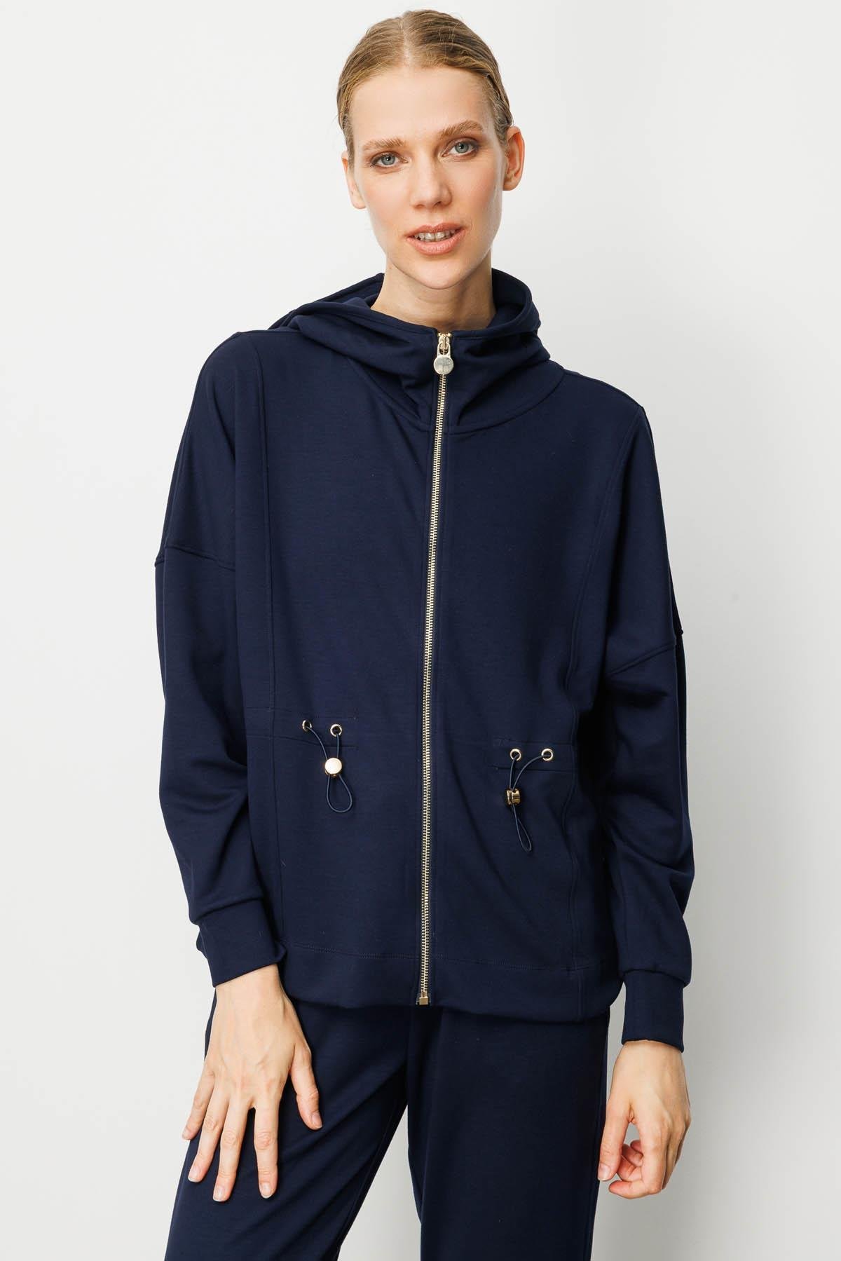 KMK23001Kadın Kapüşonlu Beli Büzgülü Sweat Lacivert