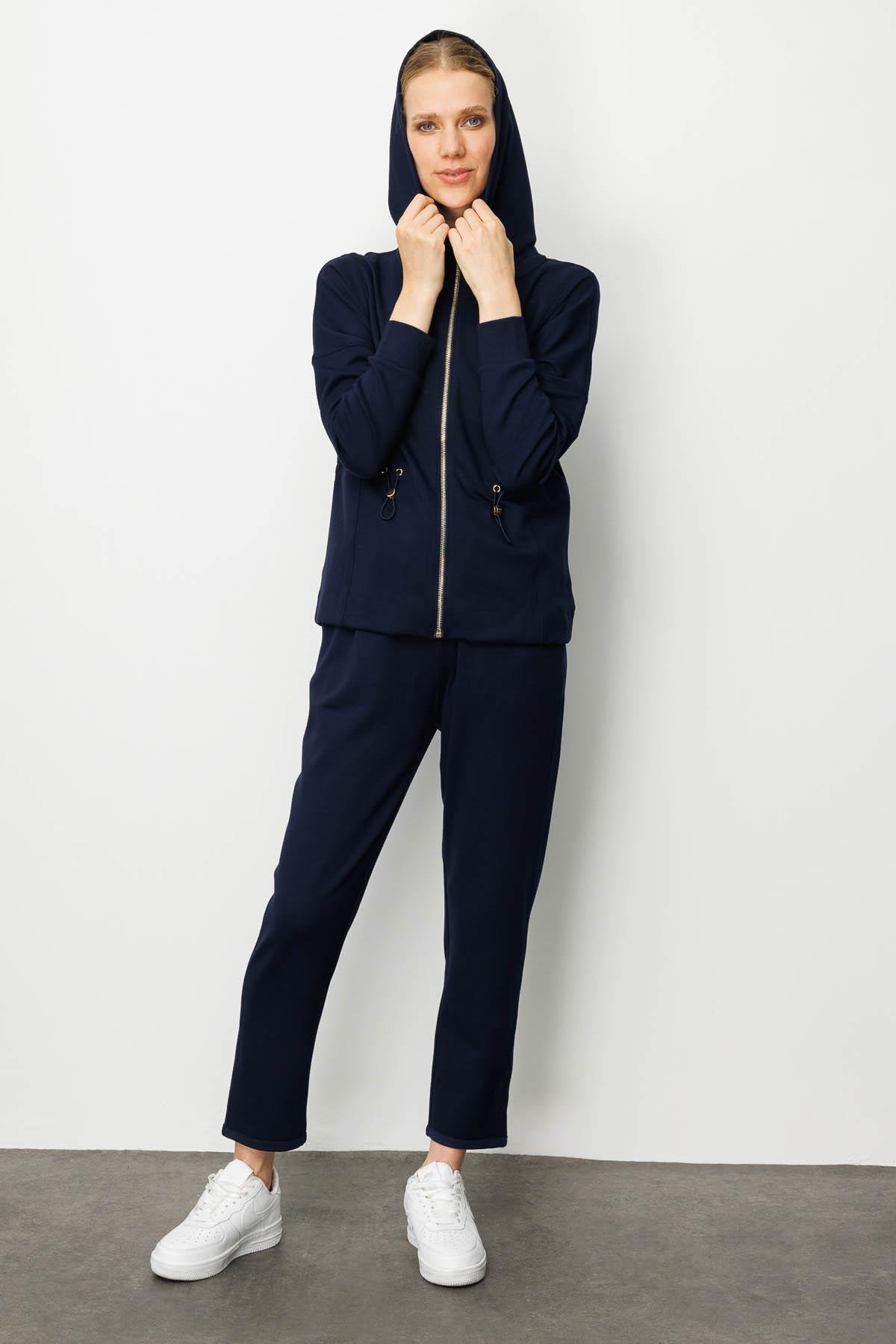 KMK23001Kadın Kapüşonlu Beli Büzgülü Sweat Lacivert