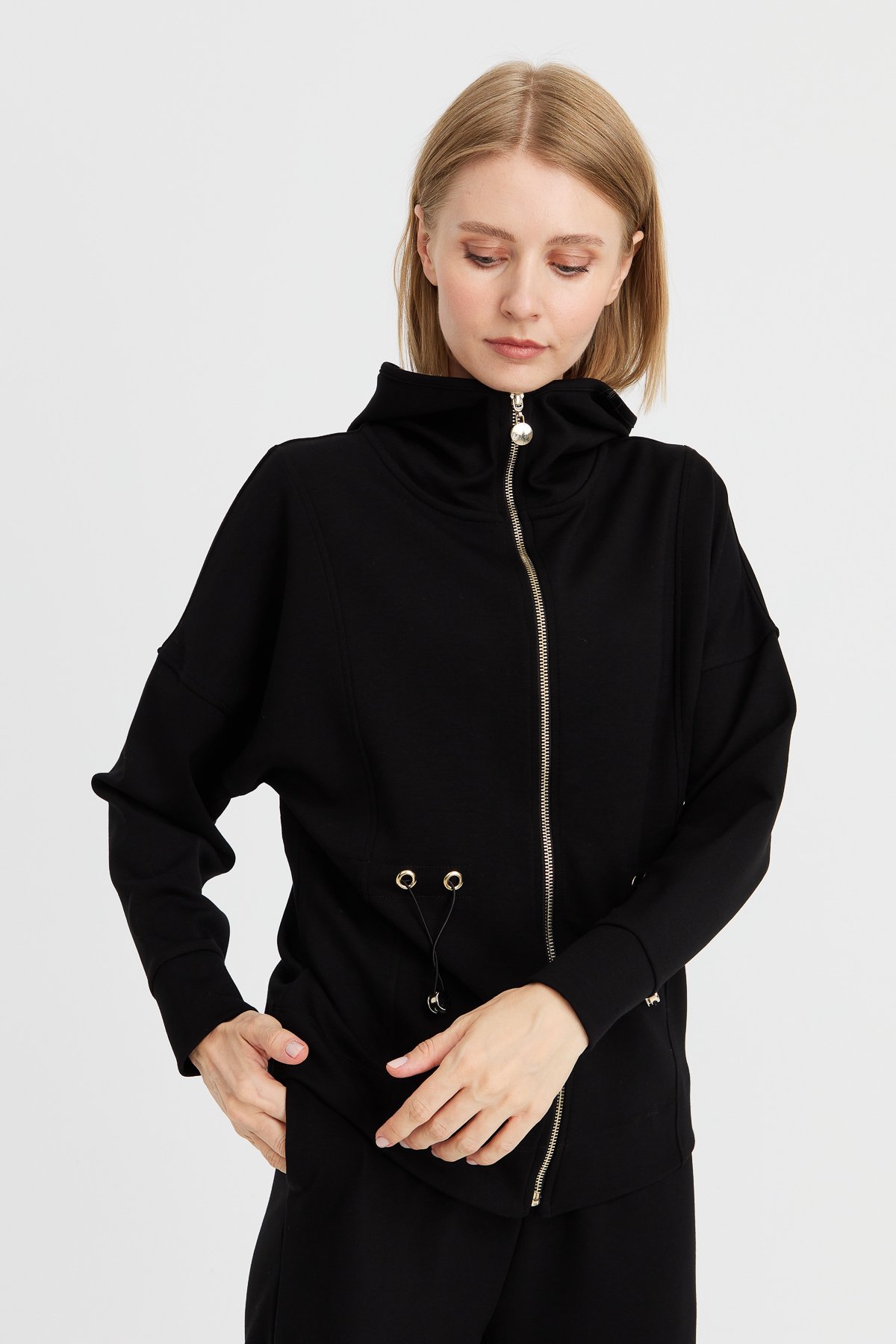 KMK23001Kadın Kapüşonlu Beli Büzgülü Sweat Siyah