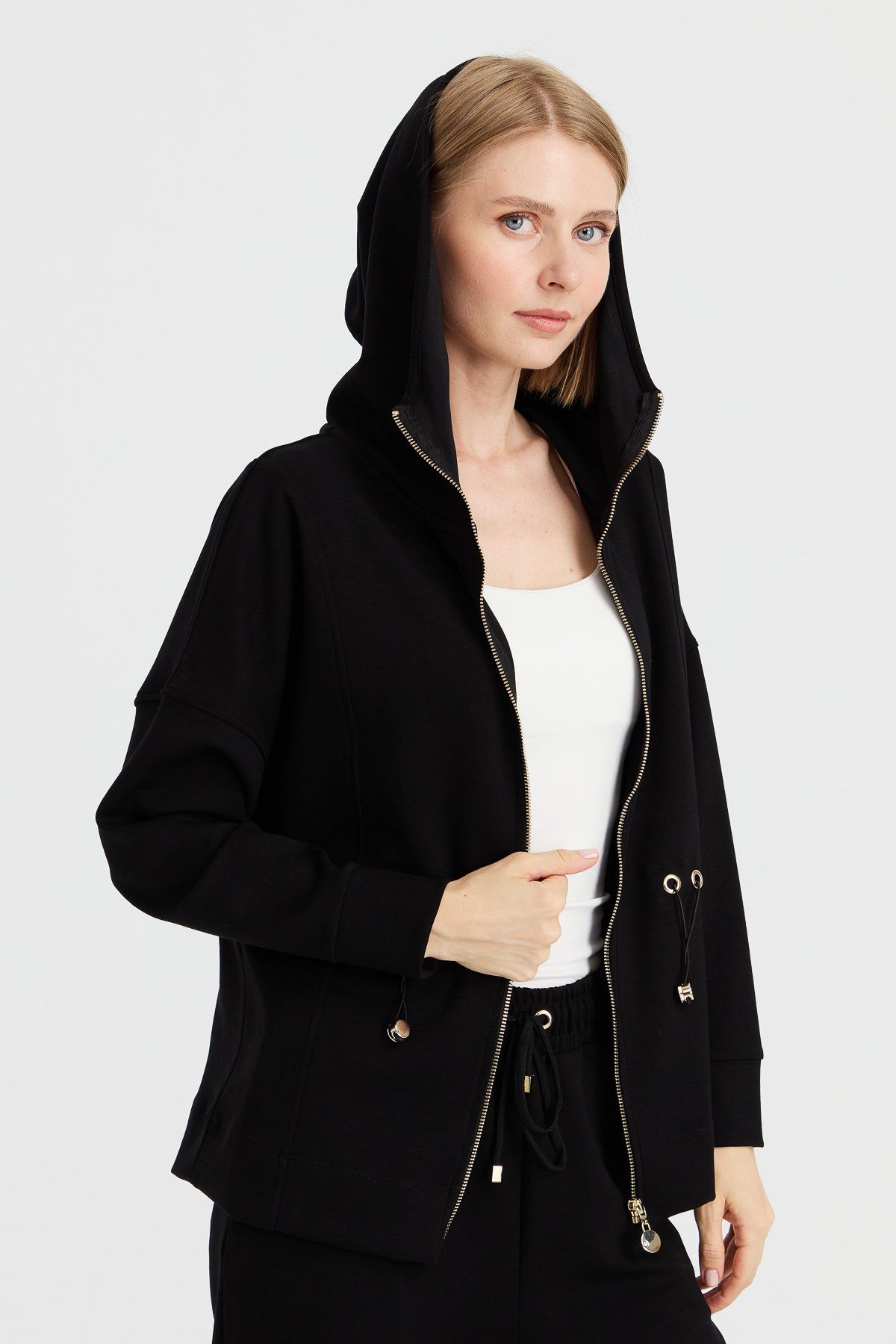 KMK23001Kadın Kapüşonlu Beli Büzgülü Sweat Siyah