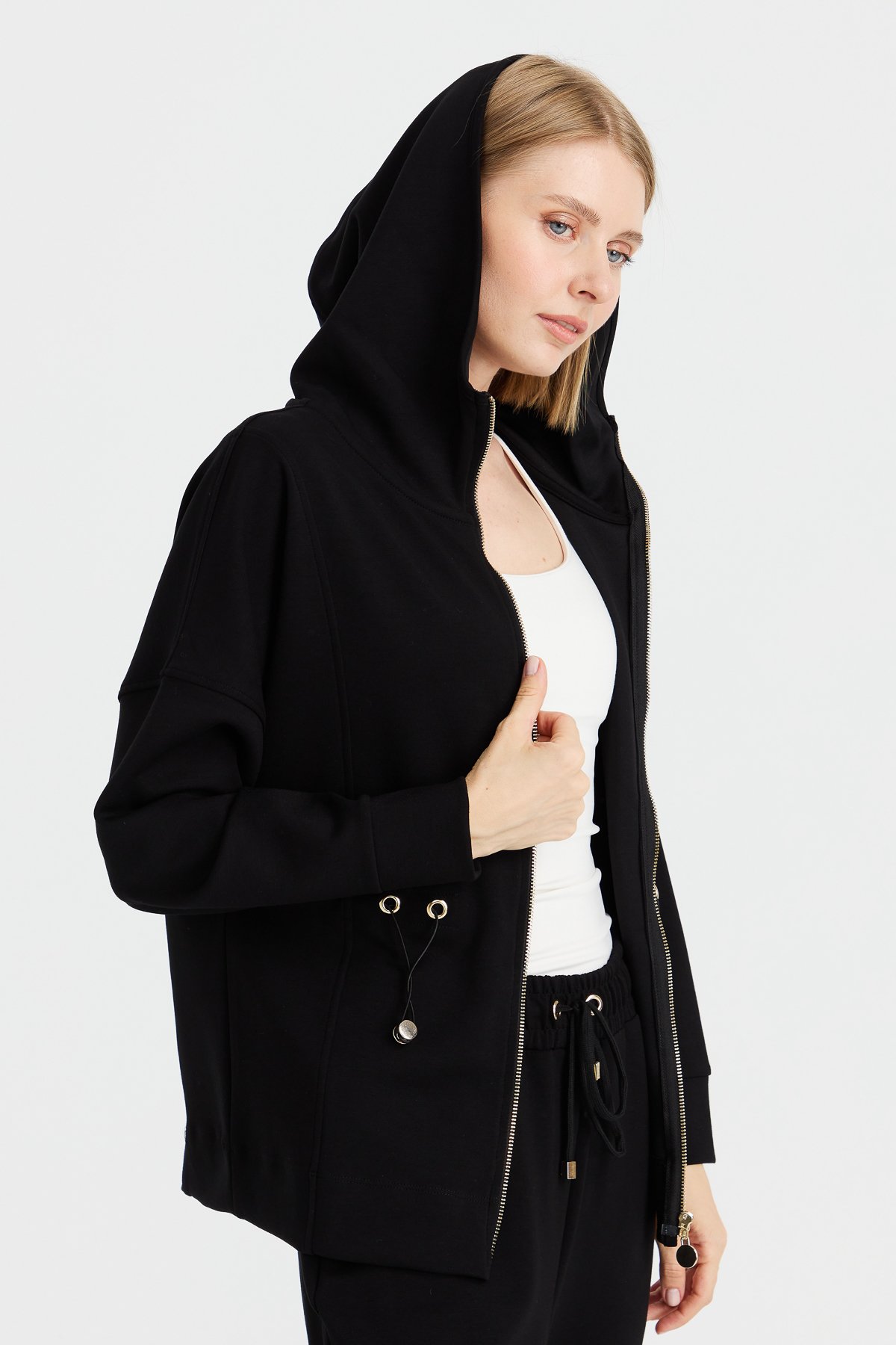 KMK23001Kadın Kapüşonlu Beli Büzgülü Sweat Siyah