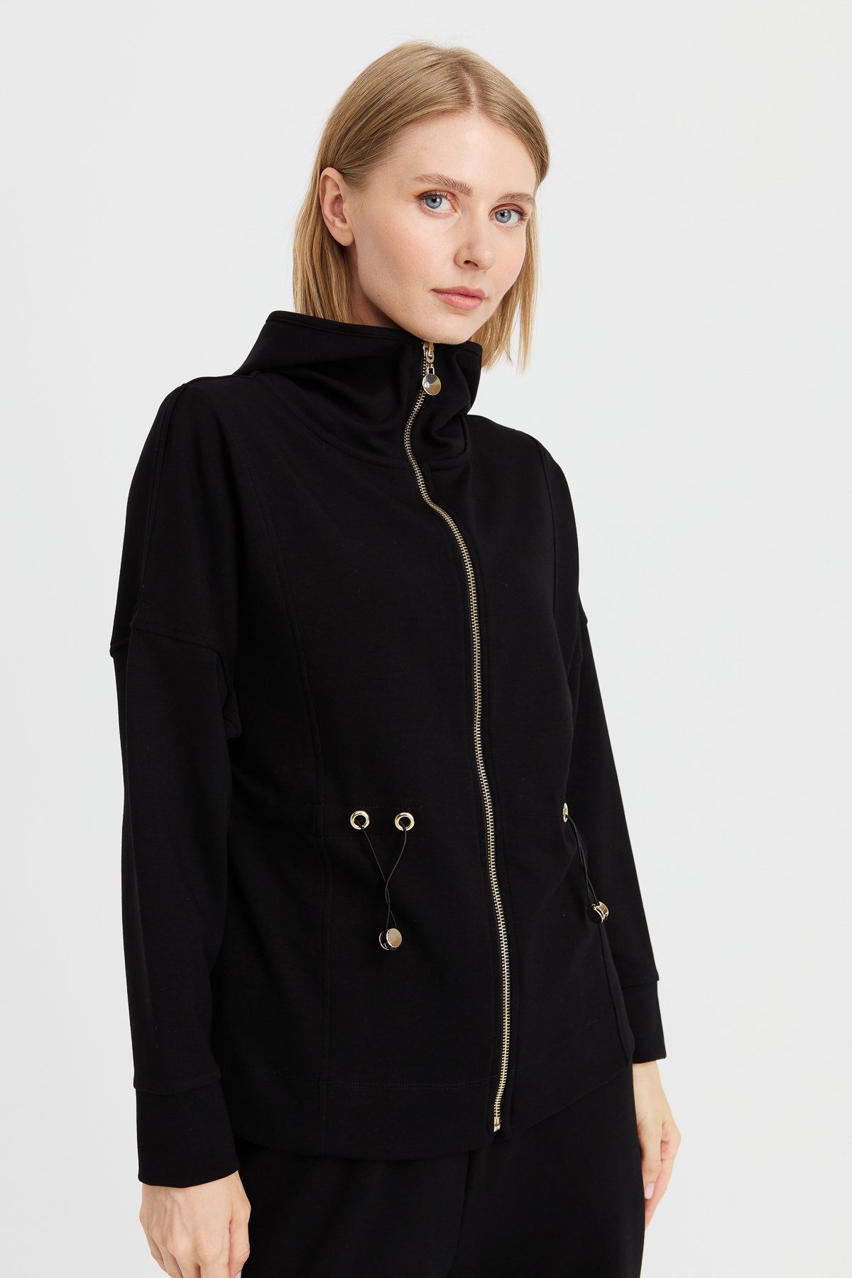 KMK23001Kadın Kapüşonlu Beli Büzgülü Sweat Siyah