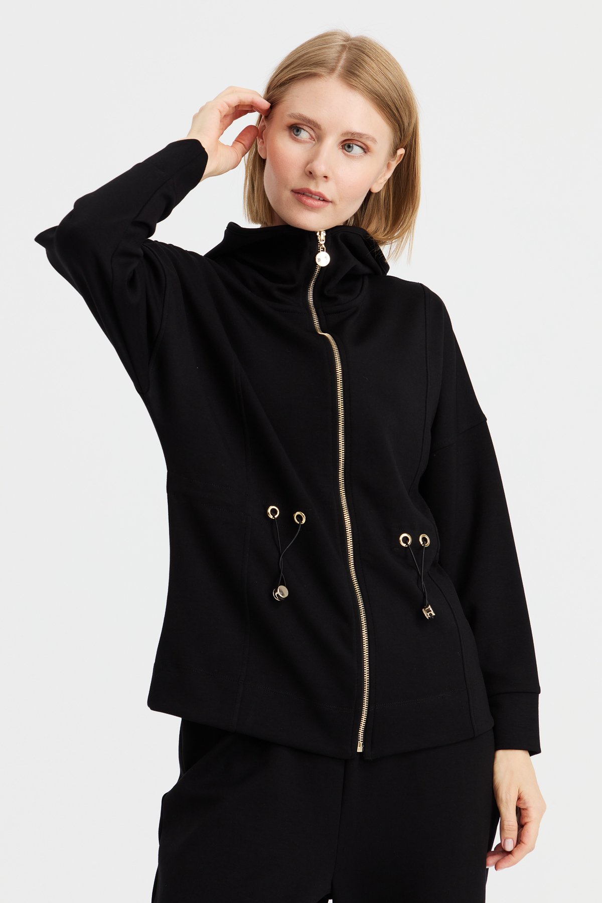 KMK23001Kadın Kapüşonlu Beli Büzgülü Sweat Siyah