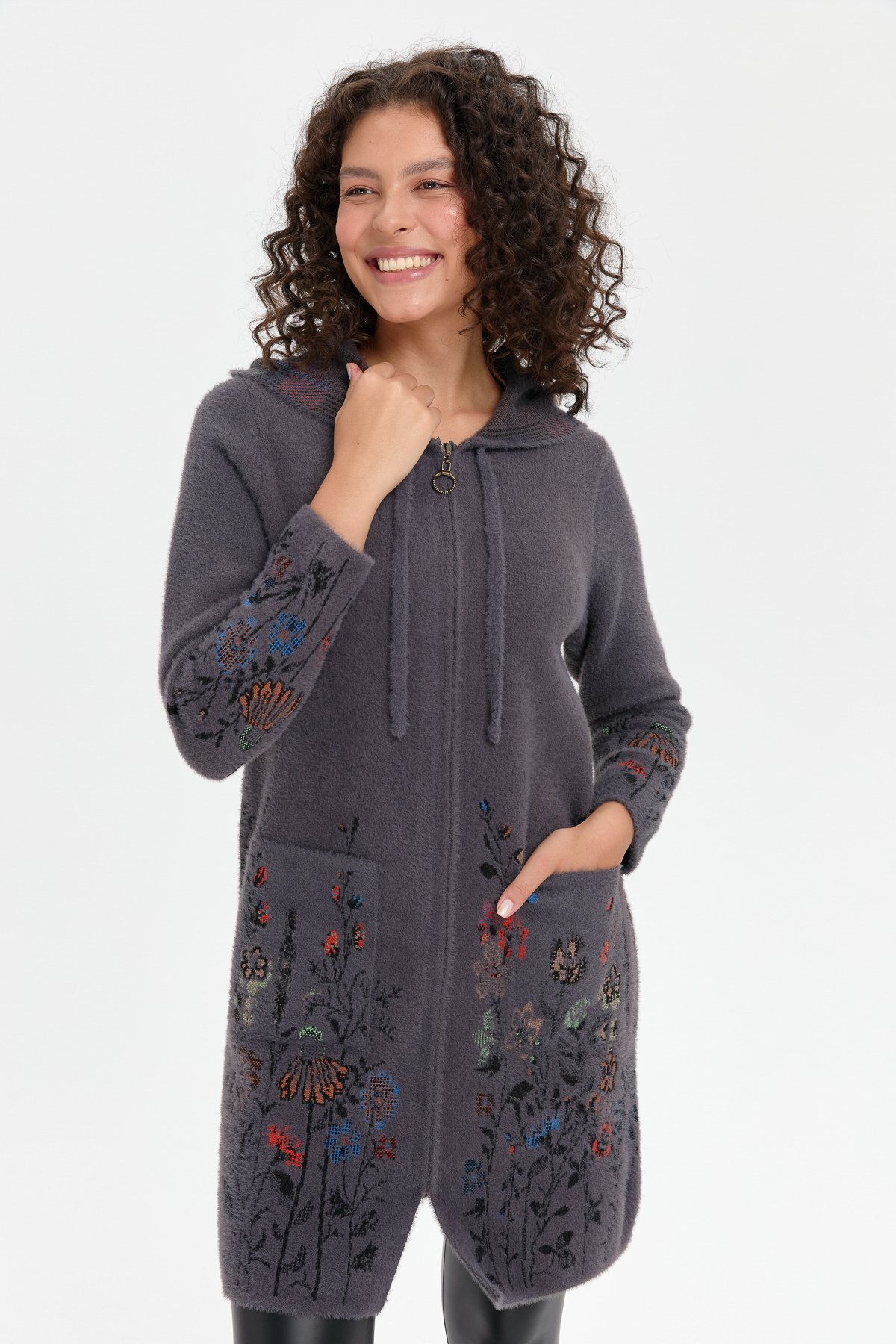 24007Kadın Kapüşonlu Eteği ve Kolu Kır Çiçeği Desenli Uzun Kaban Antrasit