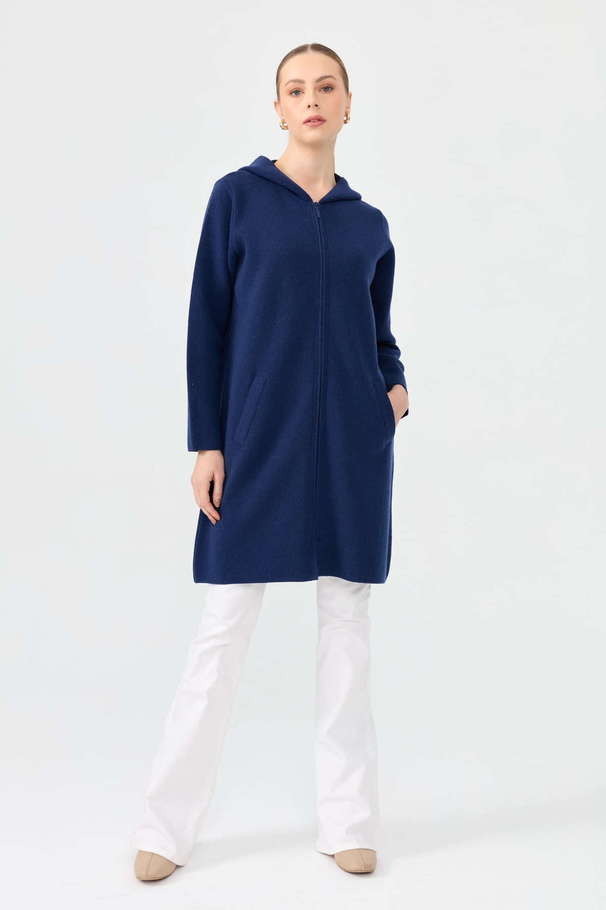 24044Kadın Kapüşonlu Fermuarlı Basic Uzun Yün Kaban İndigo