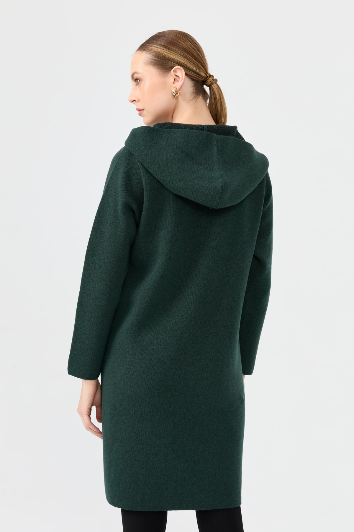 24044Kadın Kapüşonlu Fermuarlı Basic Uzun Yün Kaban Yeşil