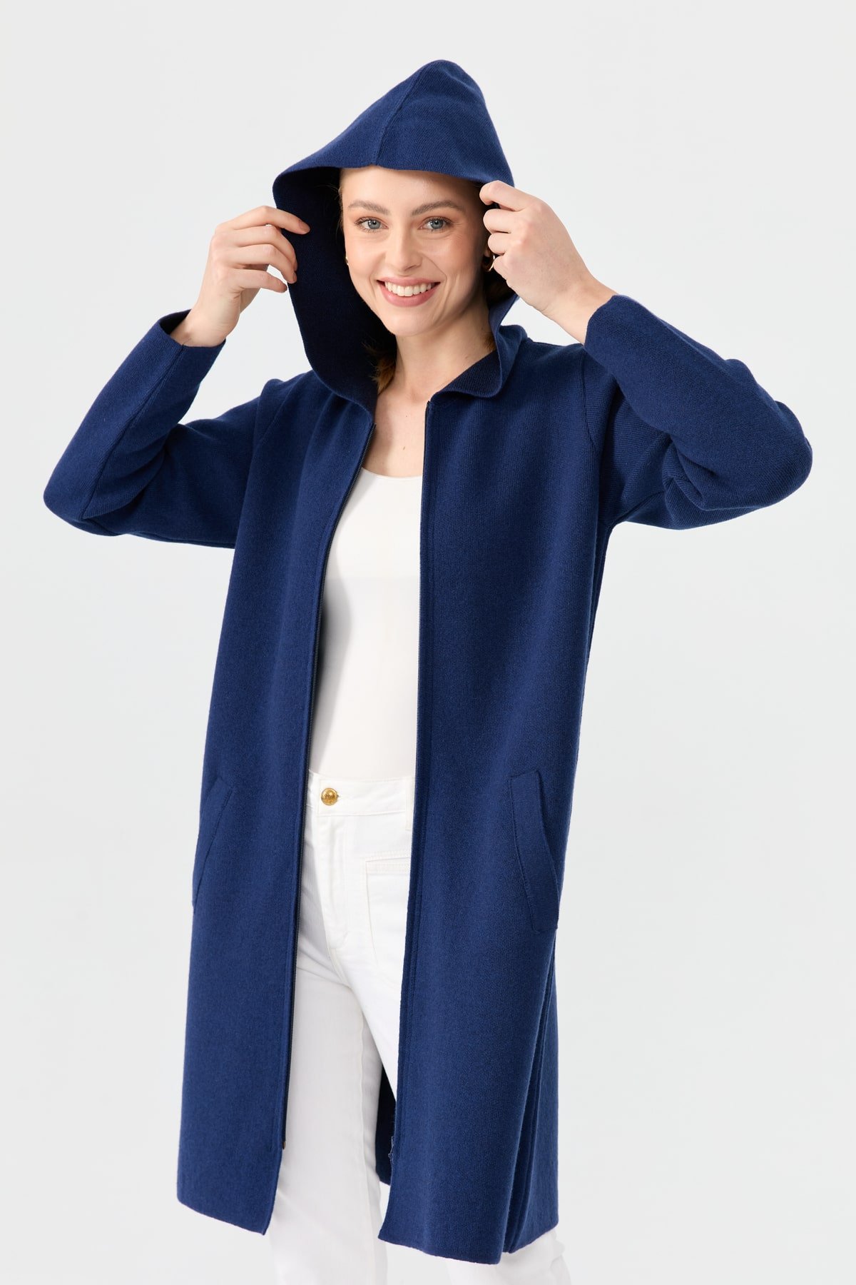 24044Kadın Kapüşonlu Fermuarlı Basic Uzun Yün Kaban İndigo