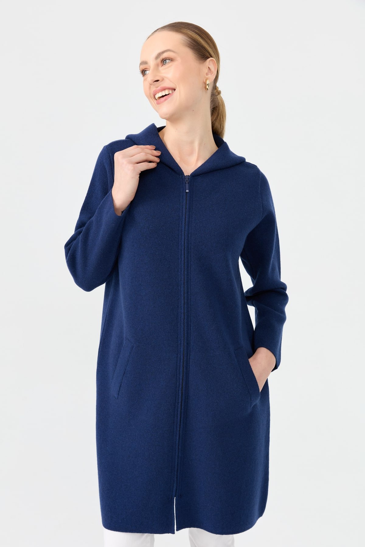 24044Kadın Kapüşonlu Fermuarlı Basic Uzun Yün Kaban İndigo