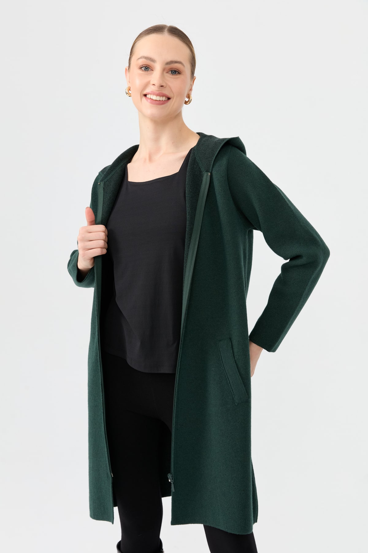 24044Kadın Kapüşonlu Fermuarlı Basic Uzun Yün Kaban Yeşil