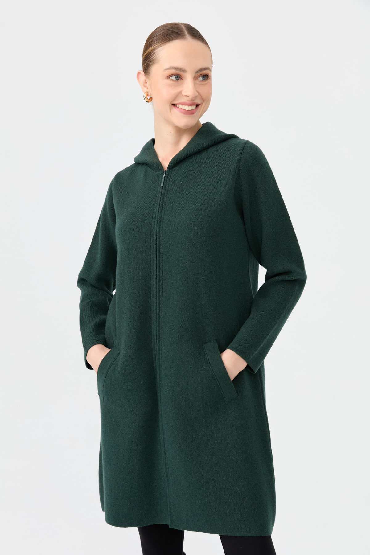 24044Kadın Kapüşonlu Fermuarlı Basic Uzun Yün Kaban Yeşil