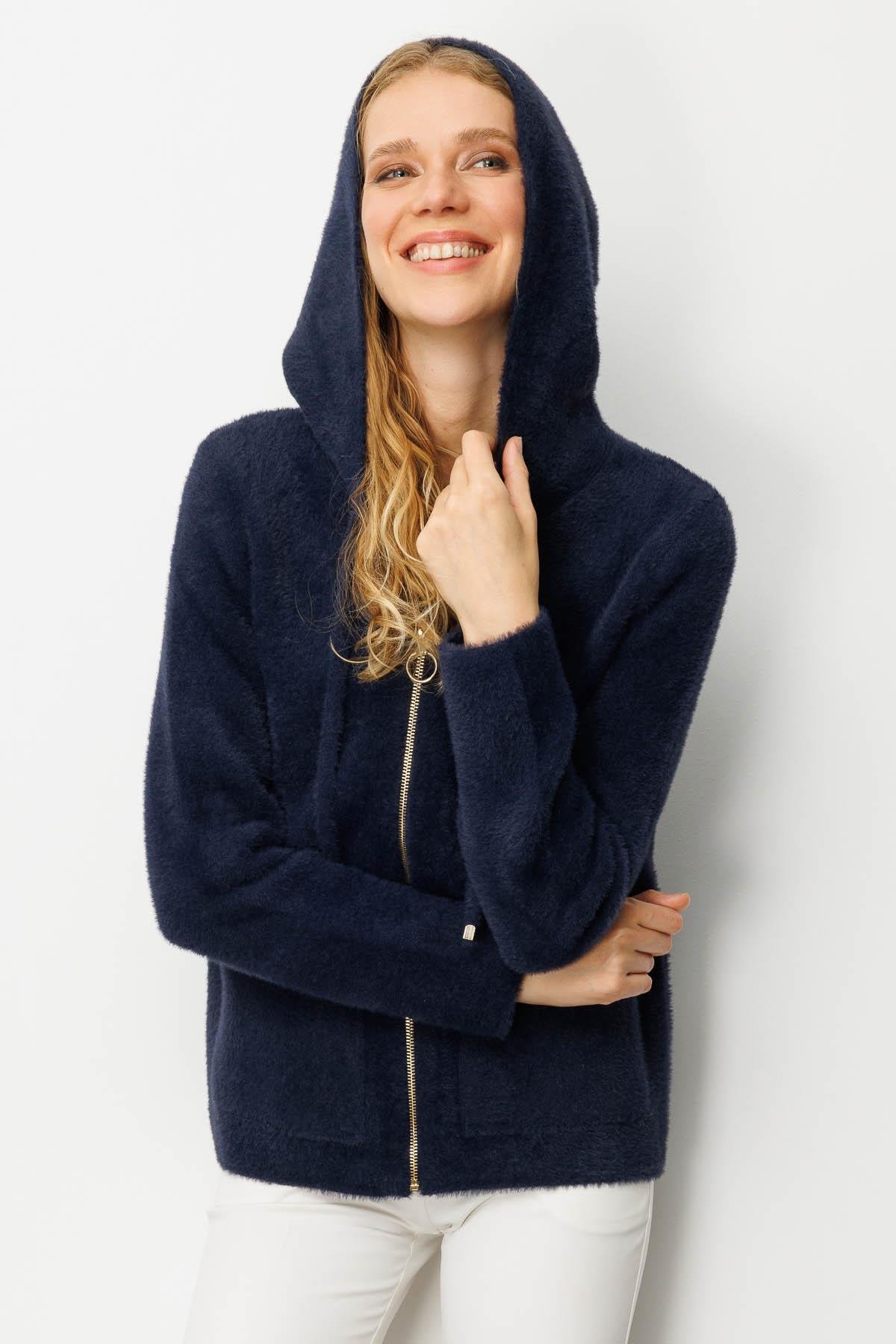 25005Kadın Kapüşonlu Fermuarlı Kısa Triko Ceket Lacivert