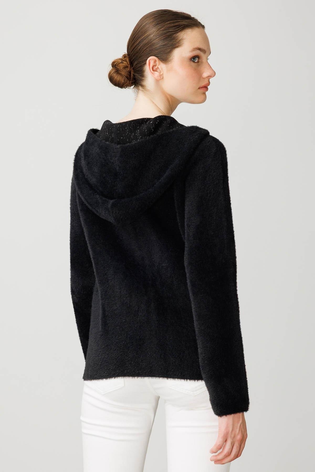 25005Kadın Kapüşonlu Fermuarlı Kısa Triko Ceket Siyah