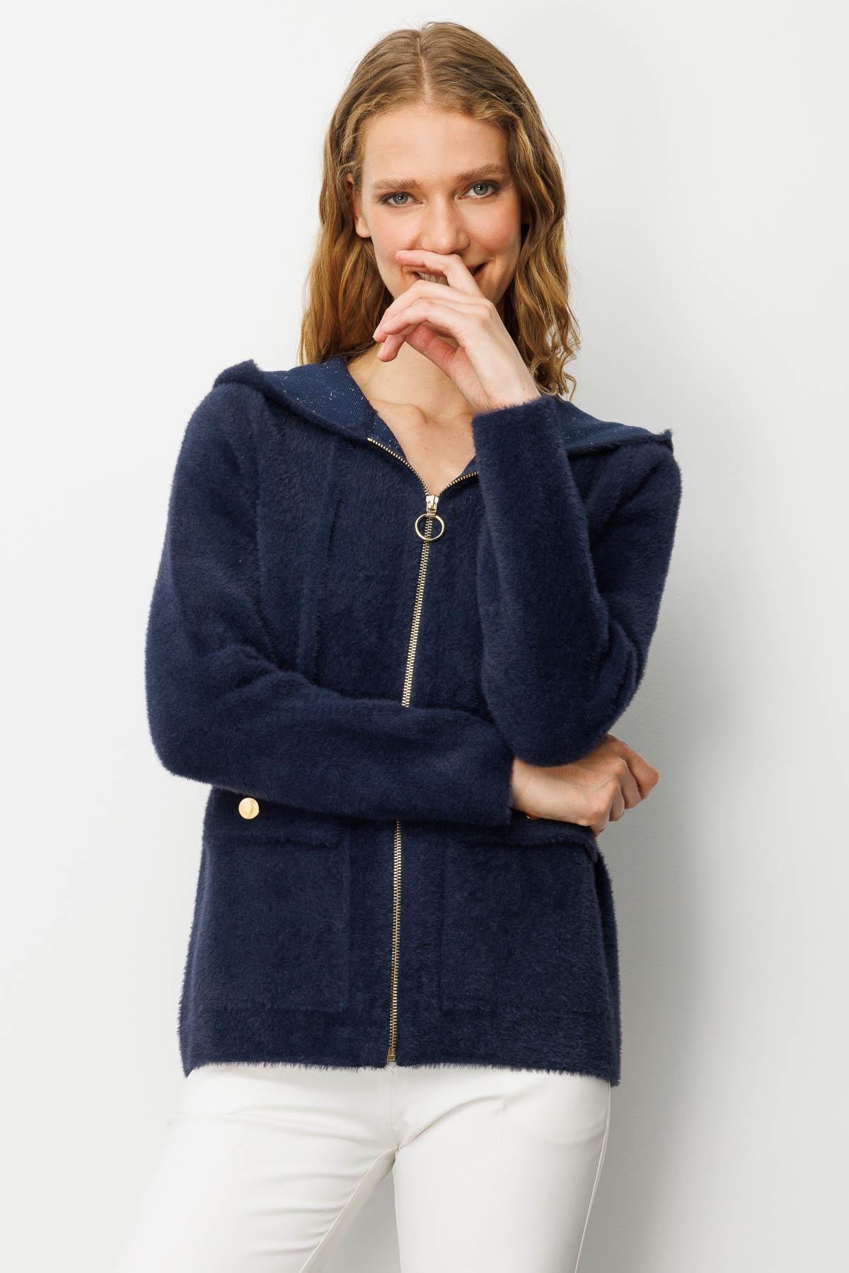 25005Kadın Kapüşonlu Fermuarlı Kısa Triko Ceket Lacivert